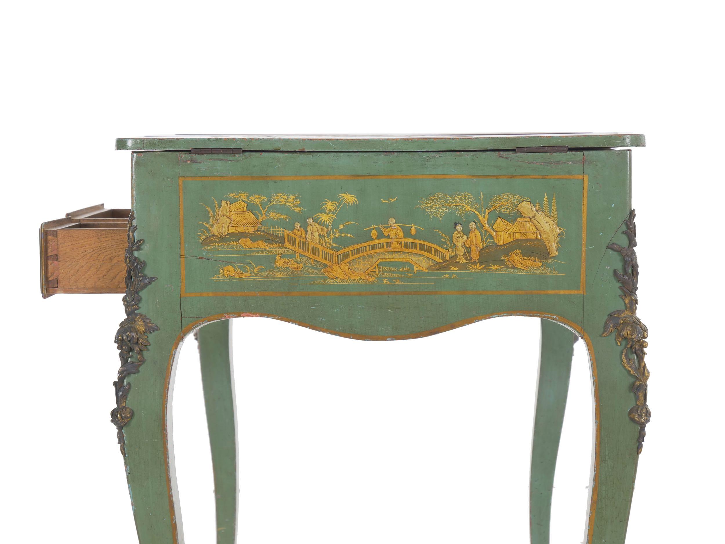 French Louis XV Style Antique Green Chinoiserie Dressing Table Desk, circa 1900 3