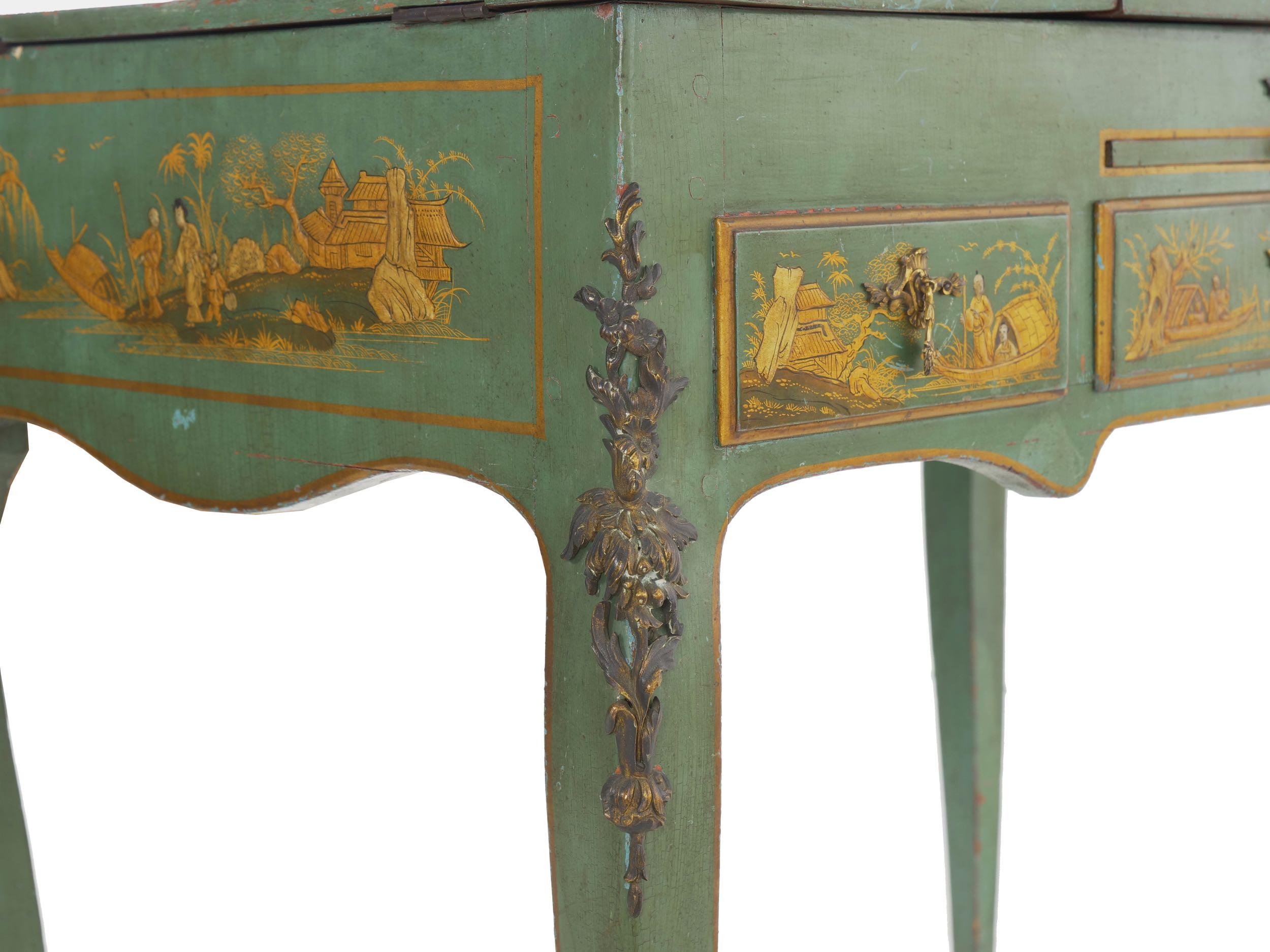 French Louis XV Style Antique Green Chinoiserie Dressing Table Desk, circa 1900 5