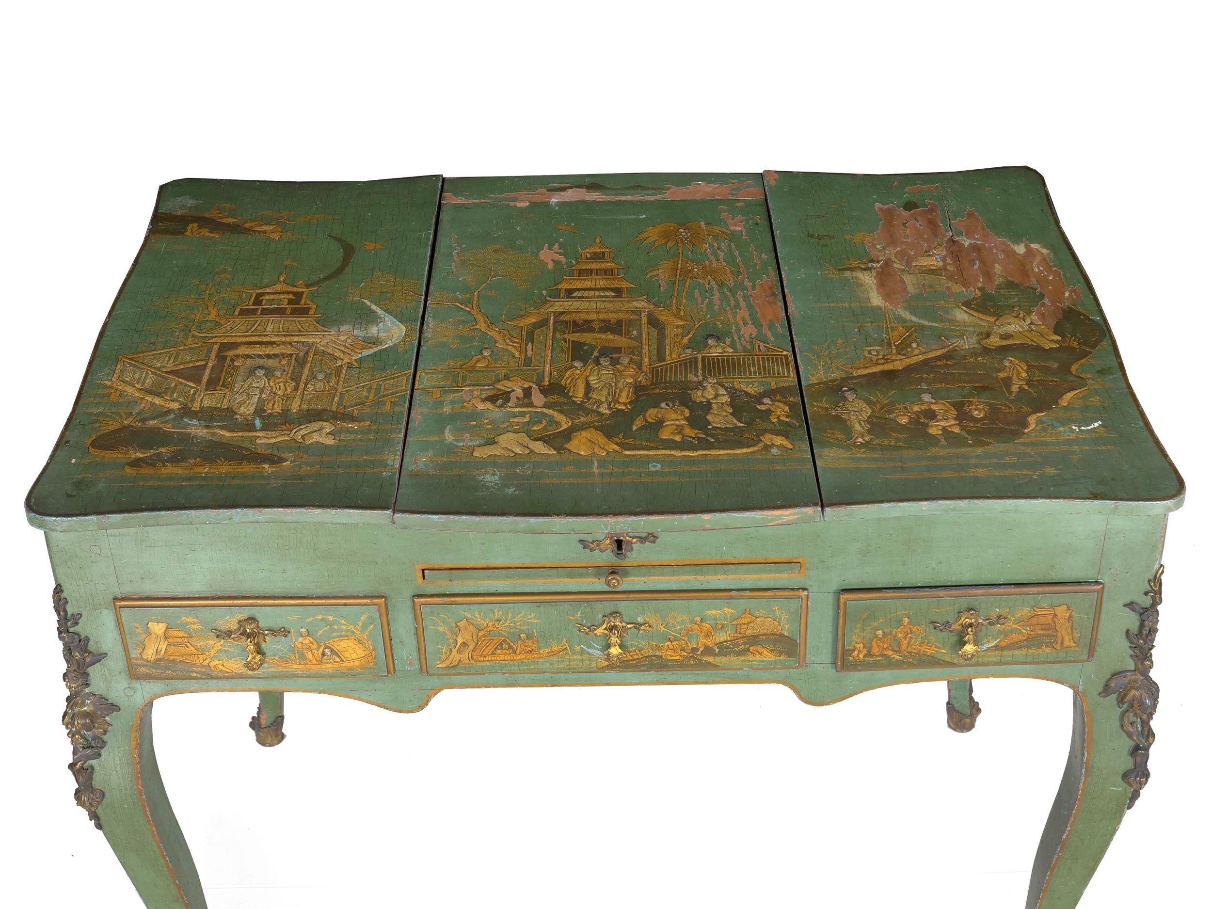 French Louis XV Style Antique Green Chinoiserie Dressing Table Desk, circa 1900 6