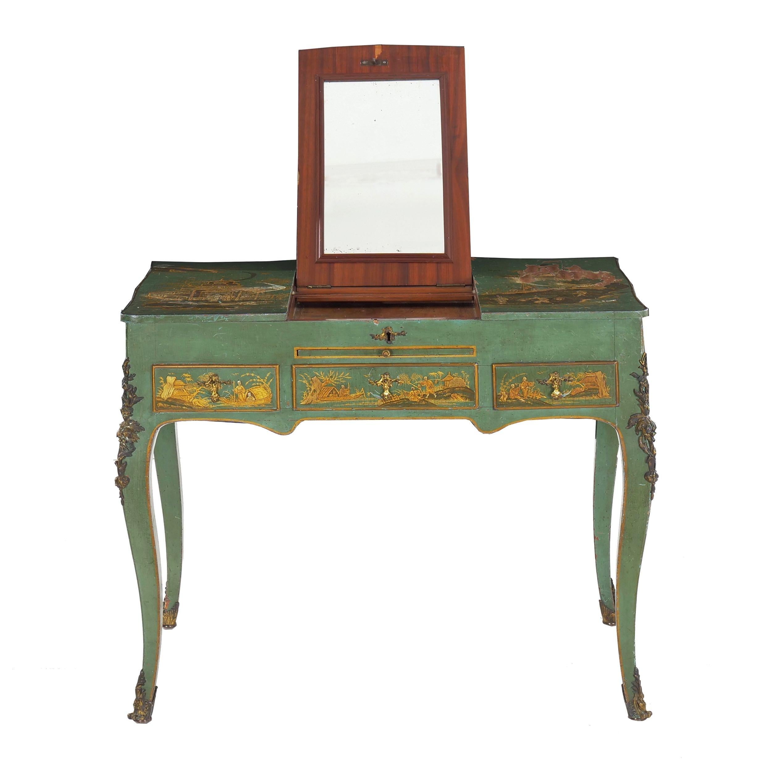 French Louis XV Style Antique Green Chinoiserie Dressing Table Desk, circa 1900 In Fair Condition In Shippensburg, PA