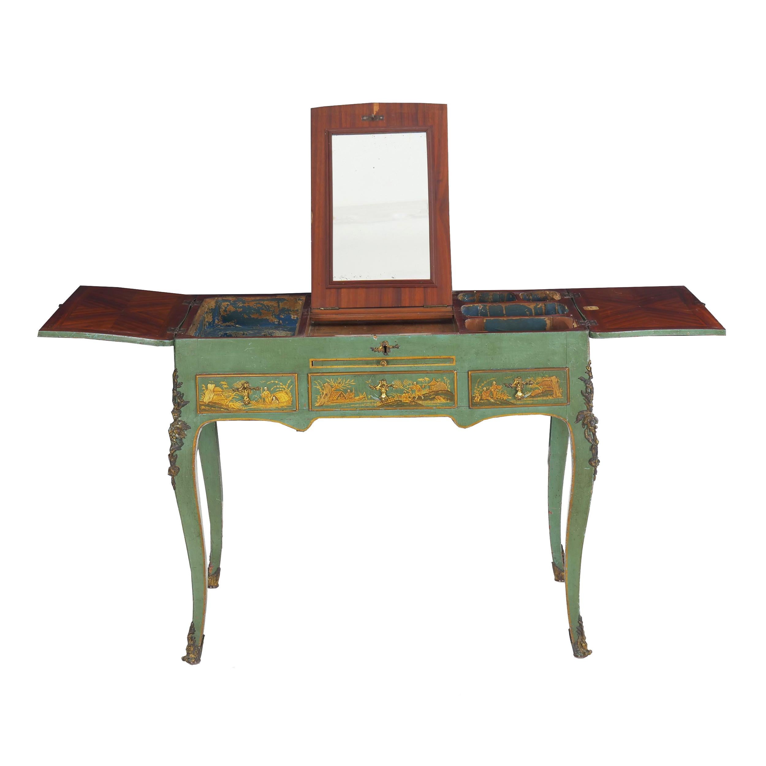20th Century French Louis XV Style Antique Green Chinoiserie Dressing Table Desk, circa 1900