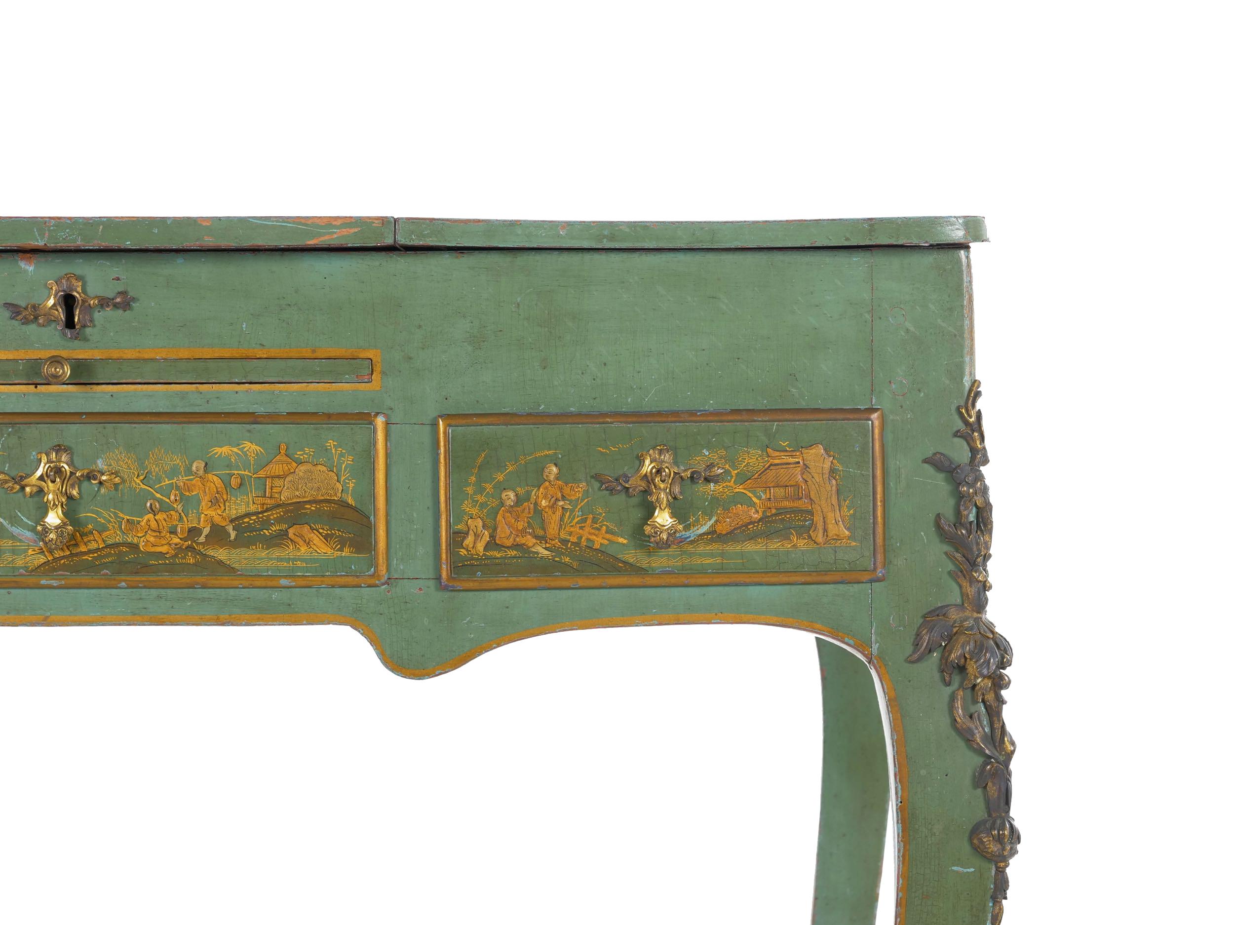 Bronze French Louis XV Style Antique Green Chinoiserie Dressing Table Desk, circa 1900