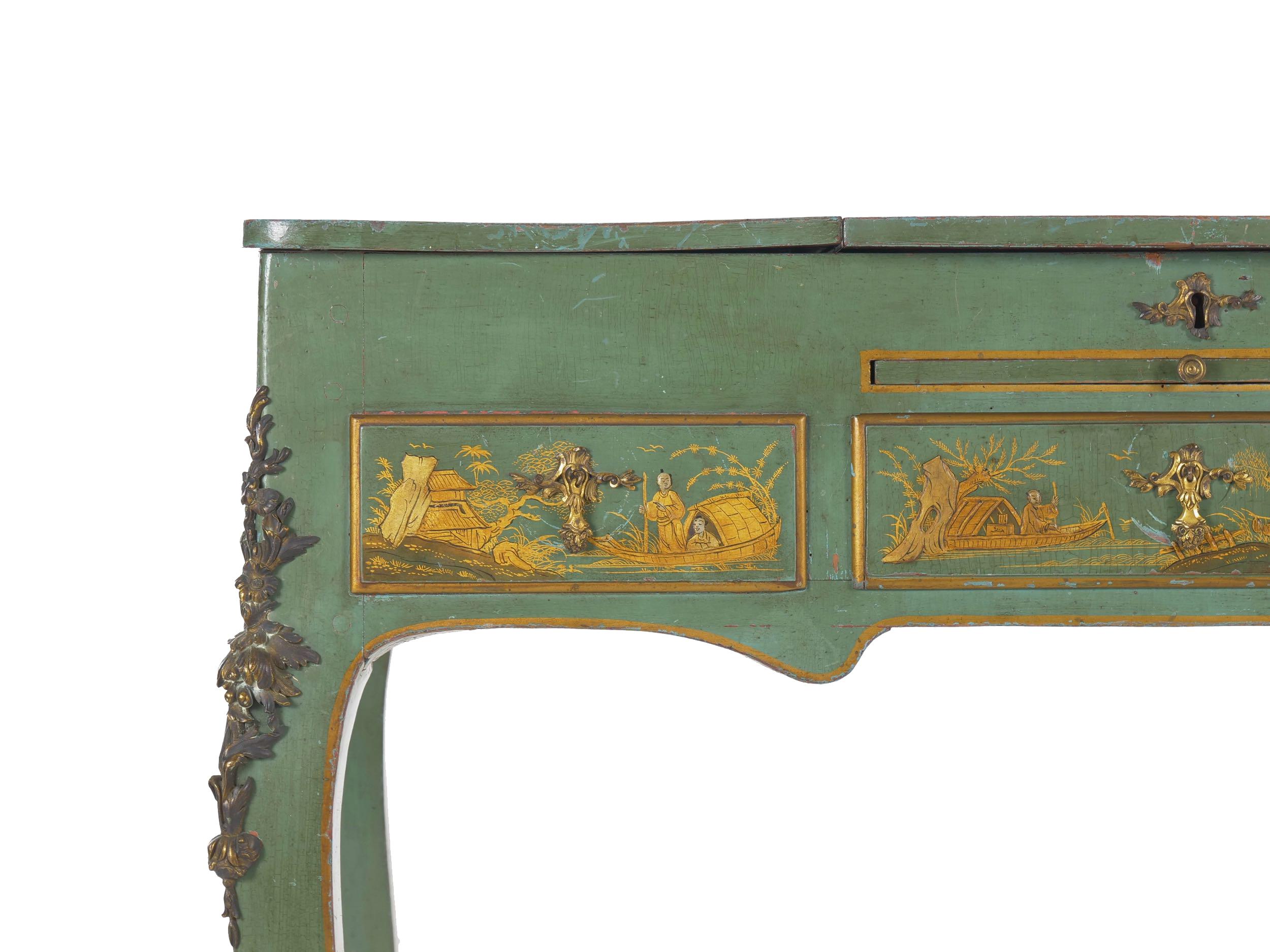 French Louis XV Style Antique Green Chinoiserie Dressing Table Desk, circa 1900 1