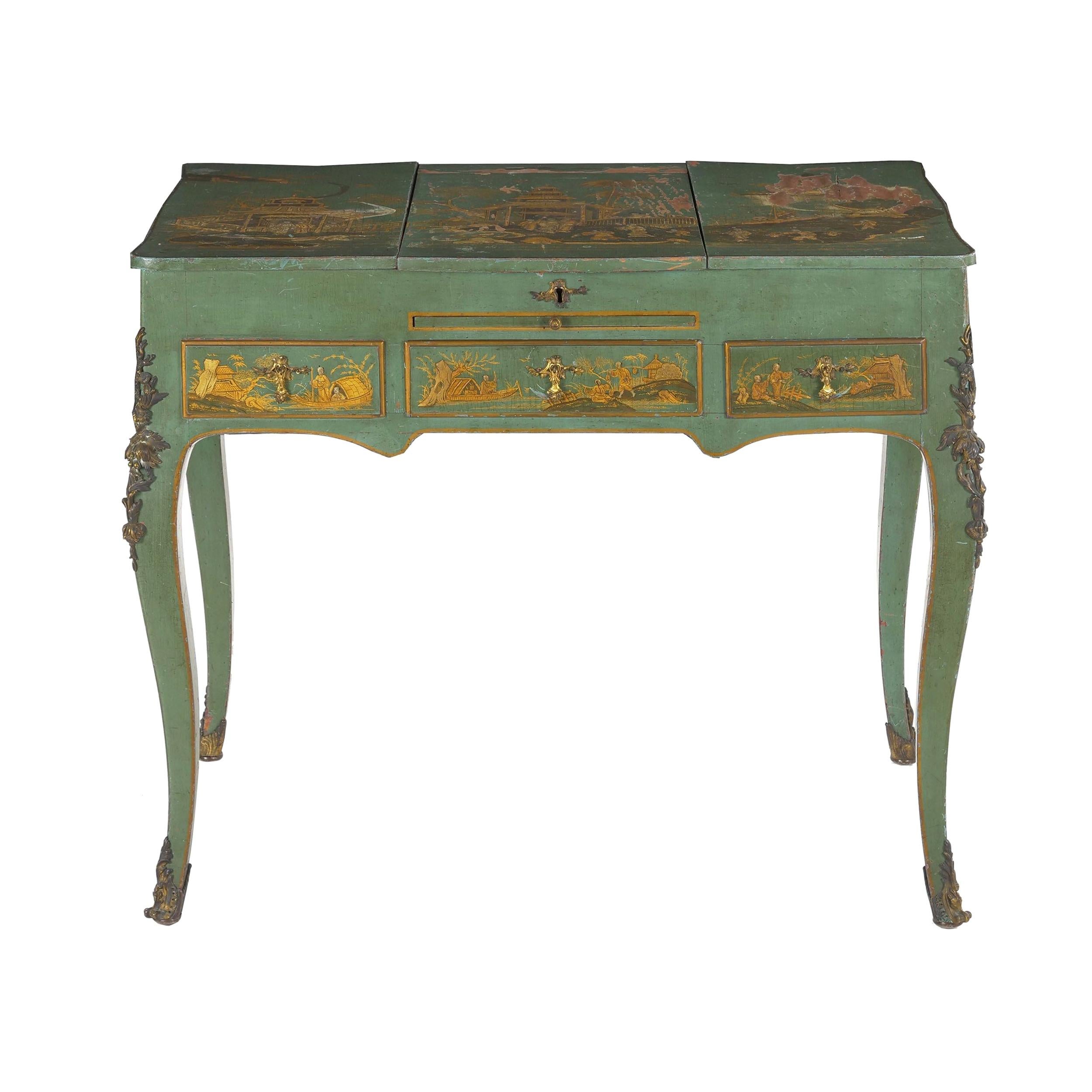French Louis XV Style Antique Green Chinoiserie Dressing Table Desk, circa 1900