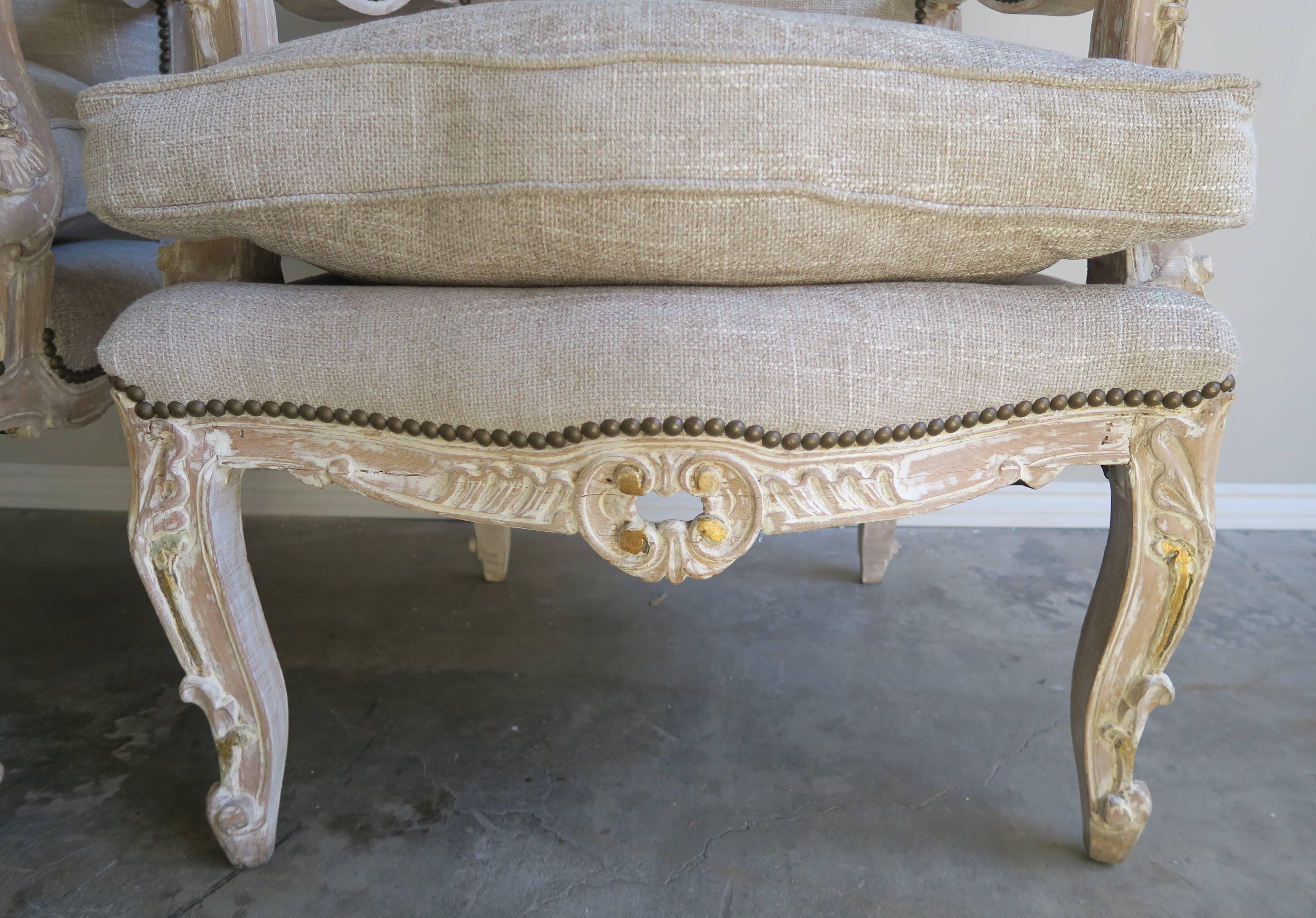 French Louis XV Style Armchairs, circa 1930s, Pair In Distressed Condition In Los Angeles, CA