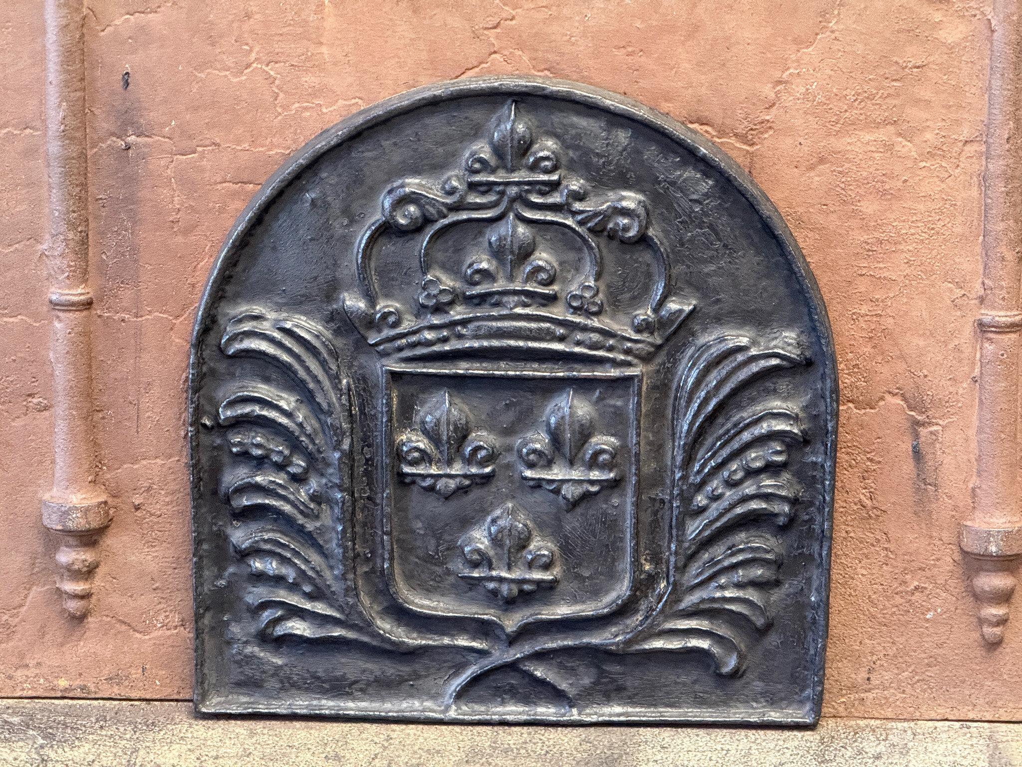 Caminetto francese del XX secolo in stile Luigi XV con le armi della Francia. Stemma della Casa di Borbone, una casa reale originaria della Francia che divenne una dinastia importante in Europa. Ha dato vita a re per la Spagna (Navarra), la Francia,
