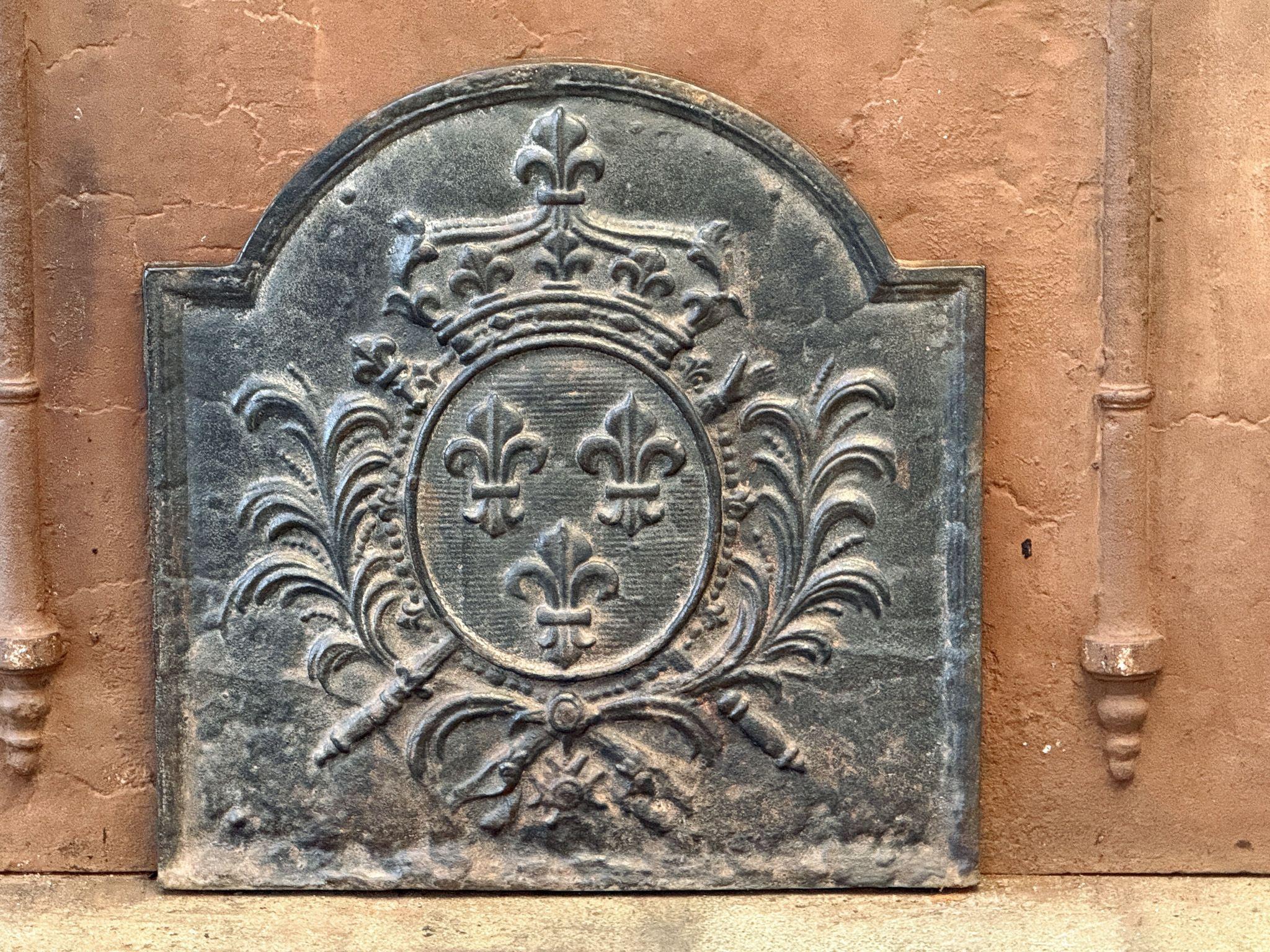 Belle plaque de cheminée française du 20e siècle de style Louis XV aux armes de France. Il s'agit des armoiries de la Maison de Bourbon, une maison royale d'origine française qui est devenue une dynastie majeure en Europe. Il a donné des rois à
