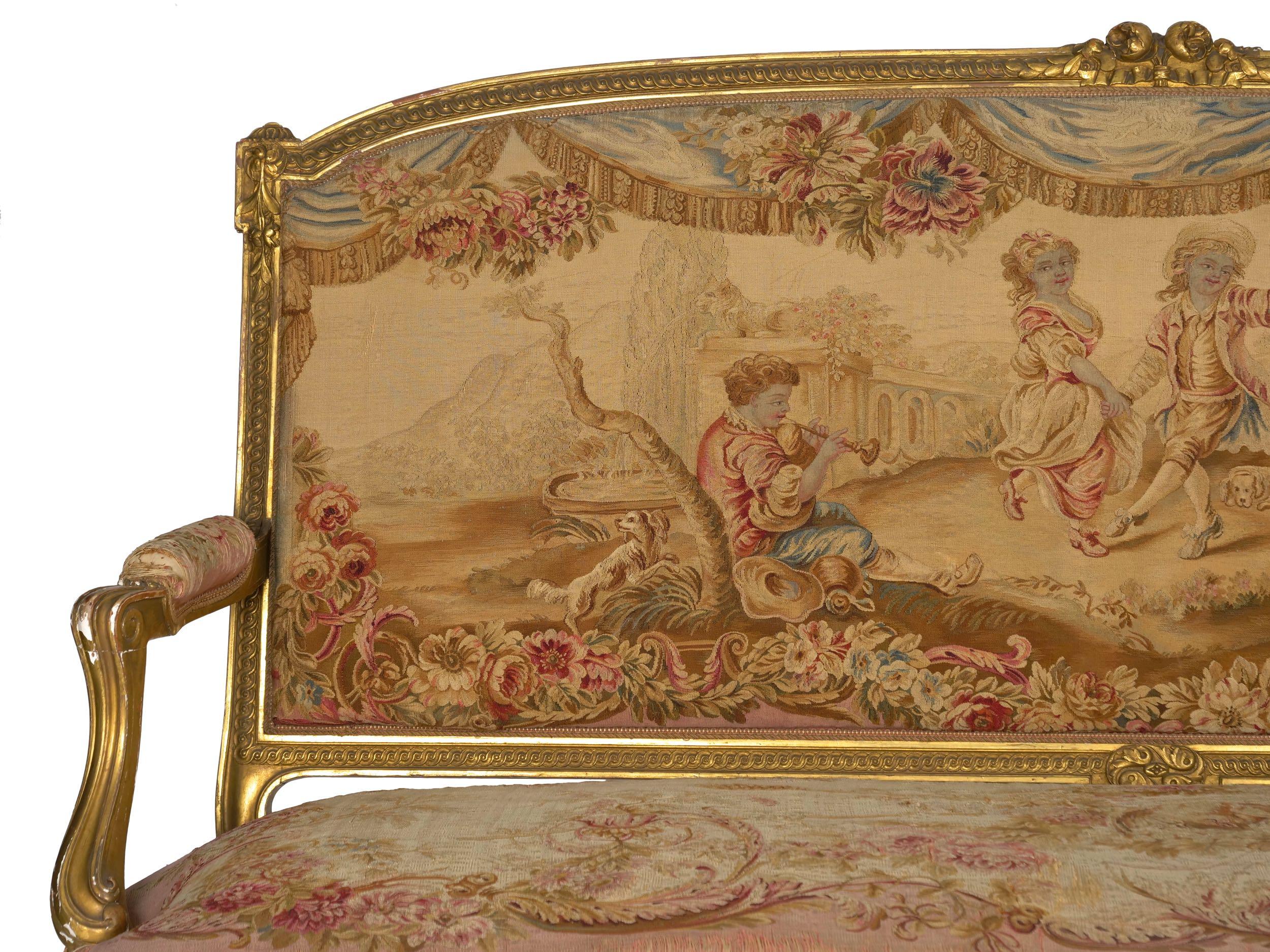 Needlepoint French Louis XV Style Aubusson Upholstered Antique Sofa, Paris, circa 1890