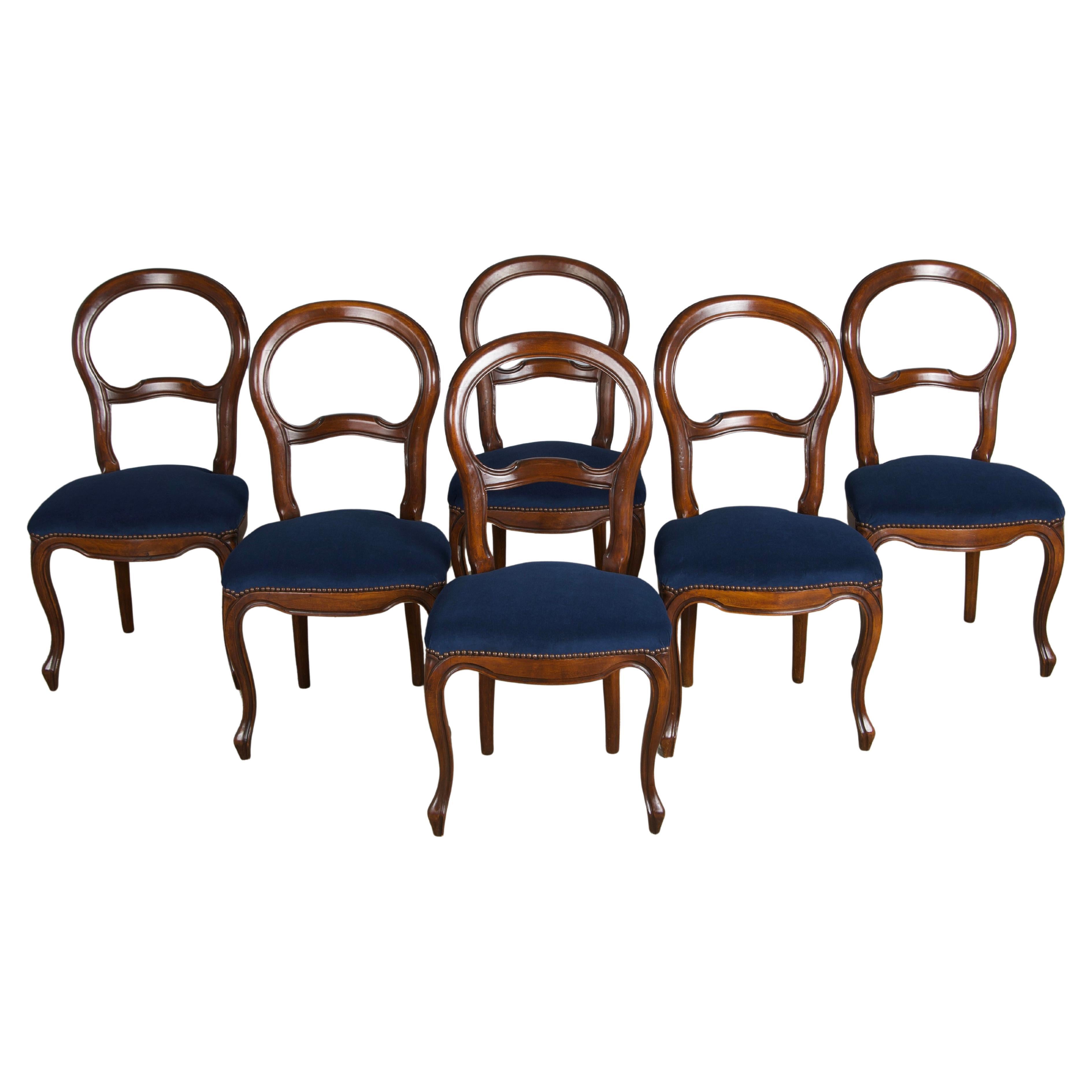 French Louis XV Style Balloon Back Maple Dining Chairs W/ Blue Velvet - Set of 6