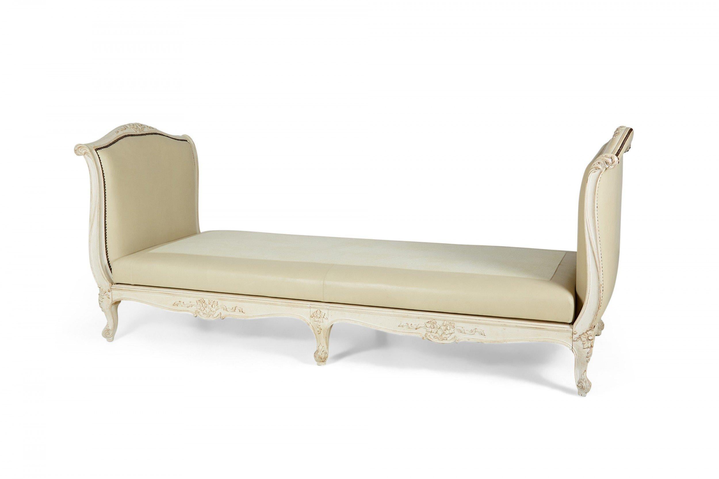 Hand-Carved French Louis XV-Style Beige Wooden Leather Upholstered Daybed For Sale