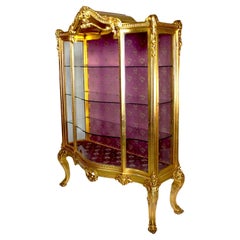 Antique French Louis XV Style 'Belle Époque' Carved Giltwood Bowed Front Vitrine Cabinet