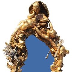 French Louis XV-Style Belle Époque Giltwood & Gesso Figural Cherub Mirror Frame