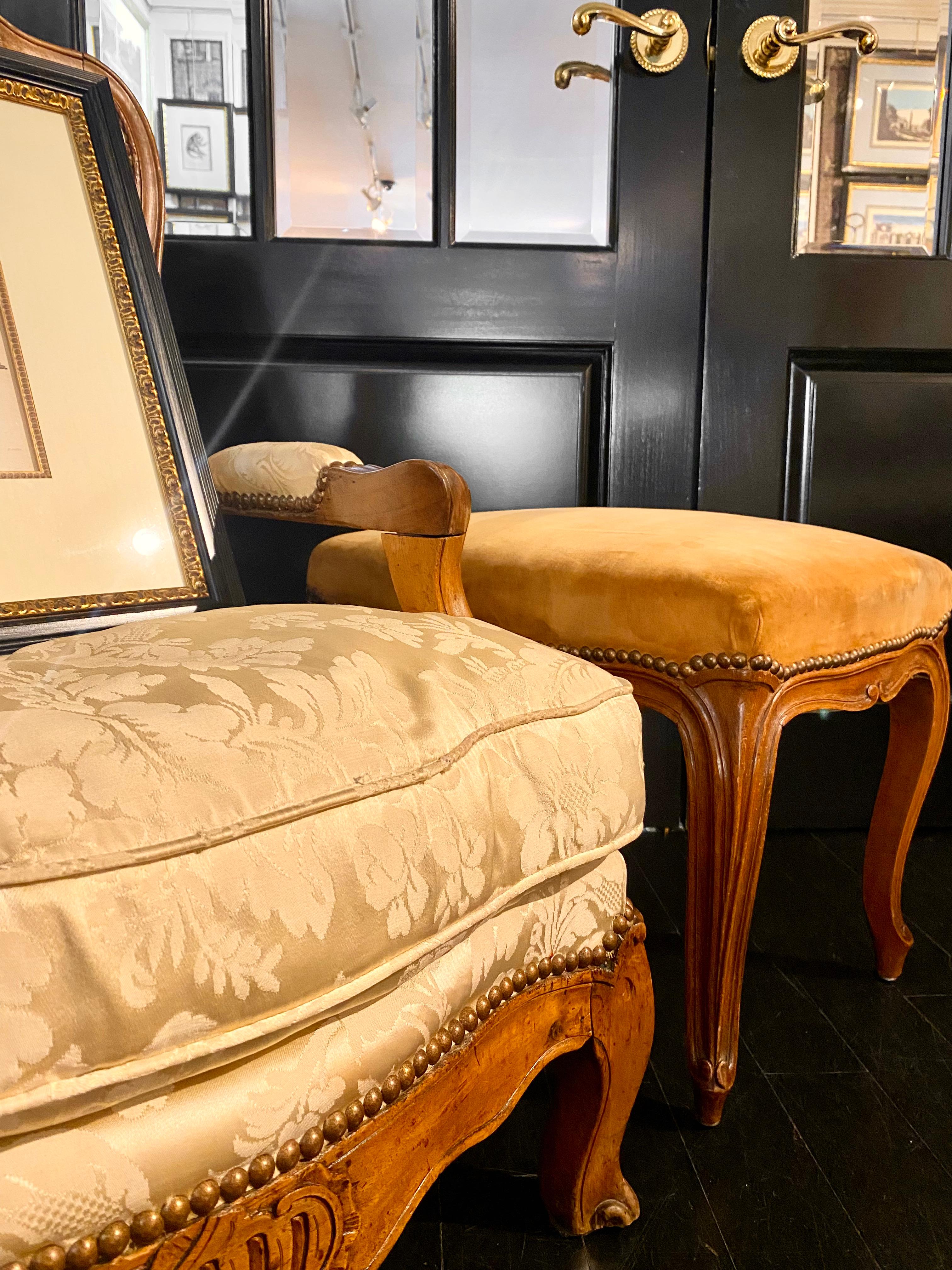 French Louis XV Style Bench or Footstool, Fawn, Caramel-Coloured Velvet 2