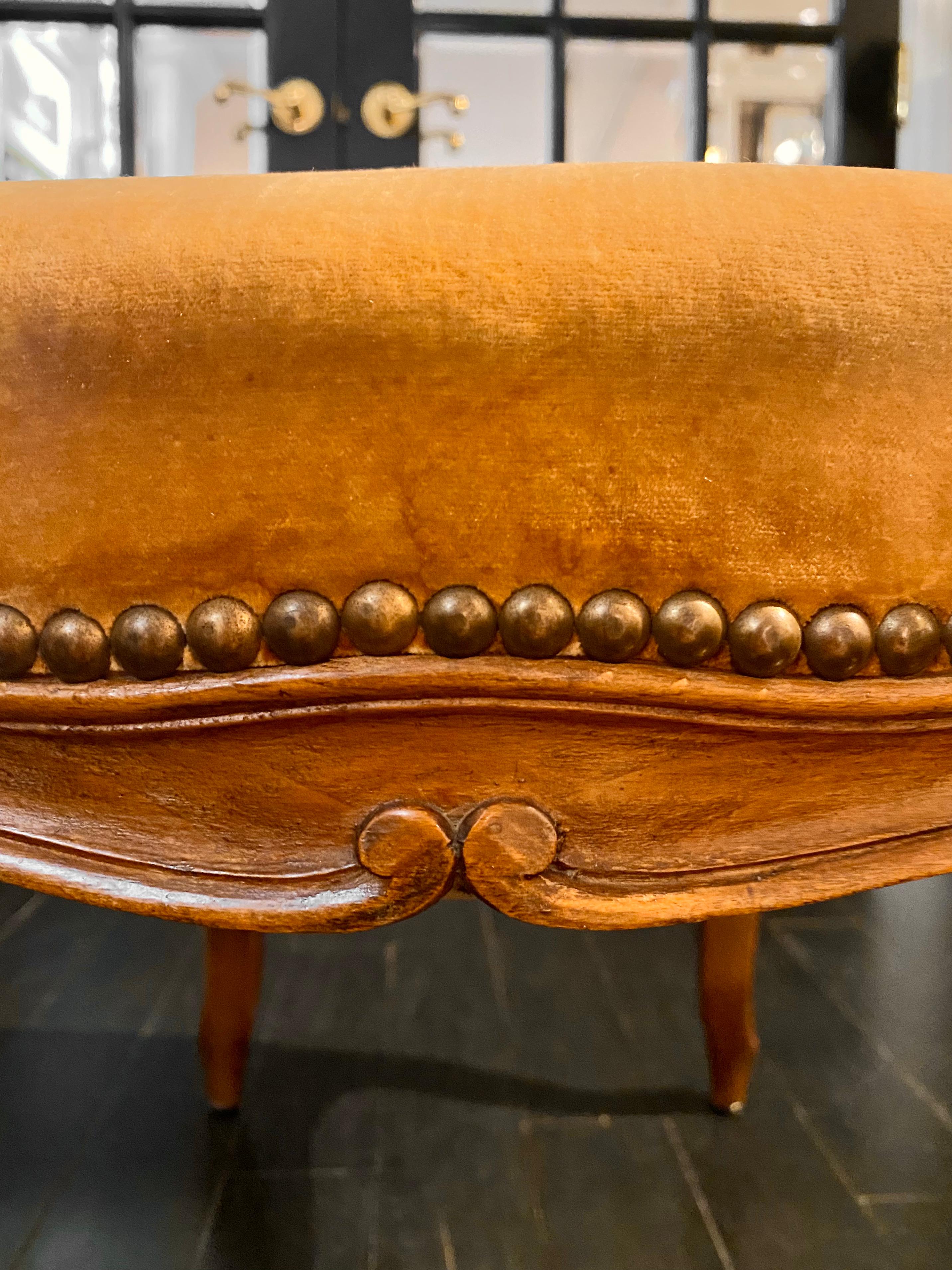French Louis XV Style Bench or Footstool, Fawn, Caramel-Coloured Velvet 3