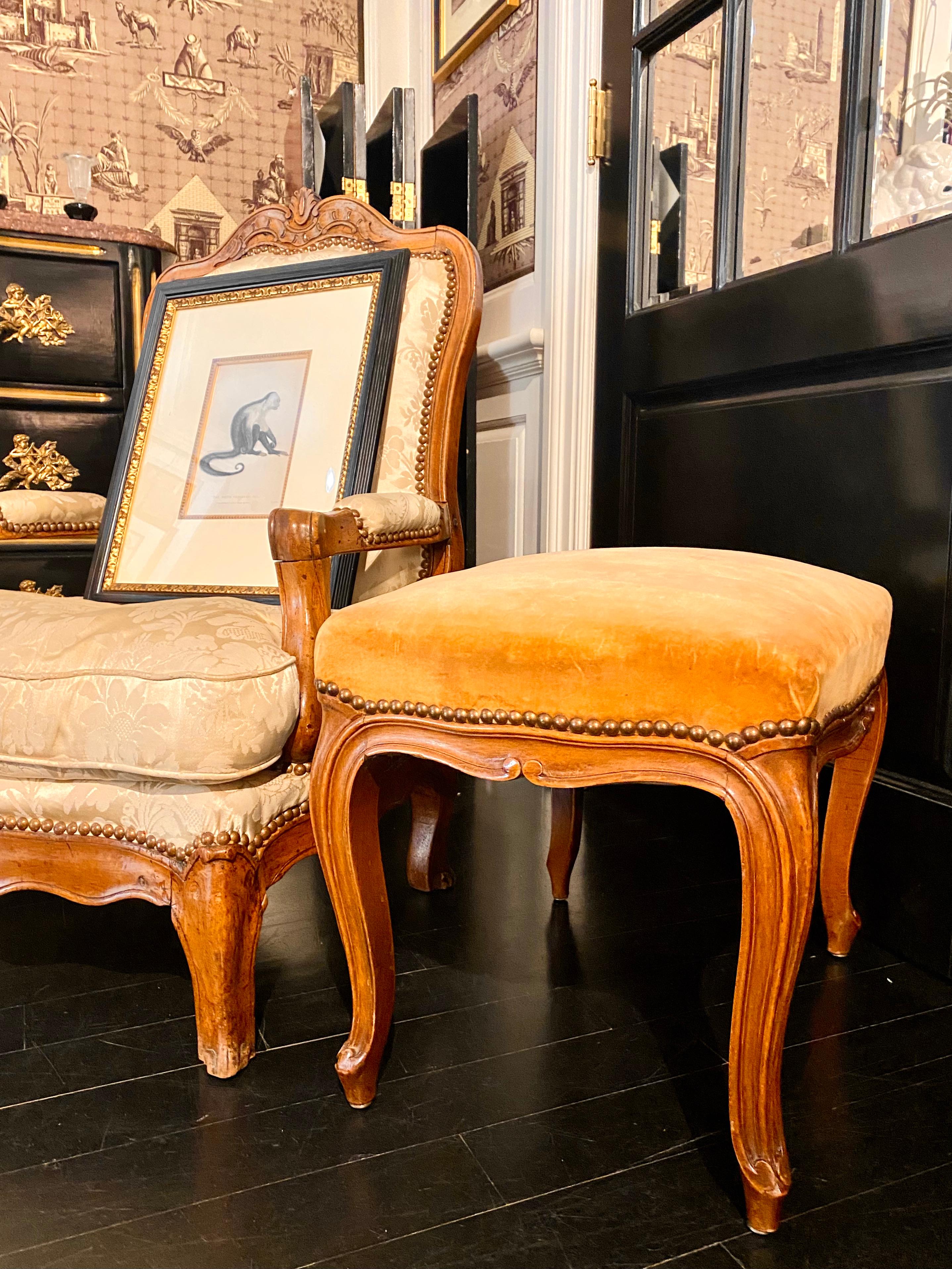 French Louis XV Style Bench or Footstool, Fawn, Caramel-Coloured Velvet 5