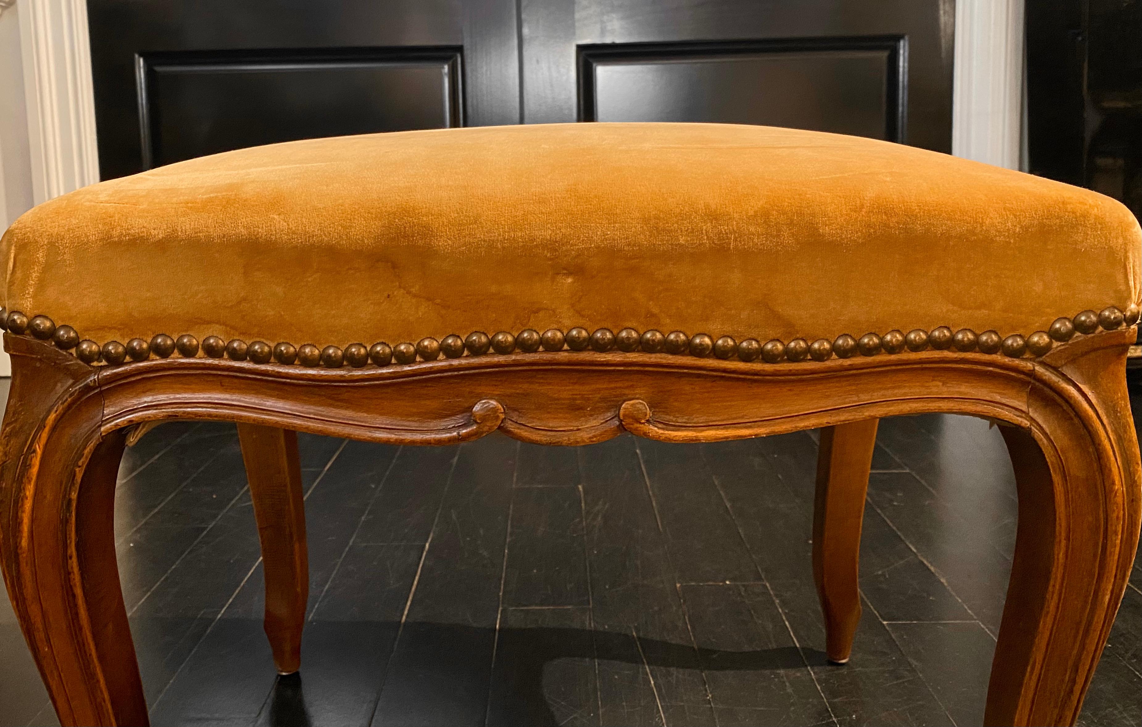 French Louis XV Style Bench or Footstool, Fawn, Caramel-Coloured Velvet 6