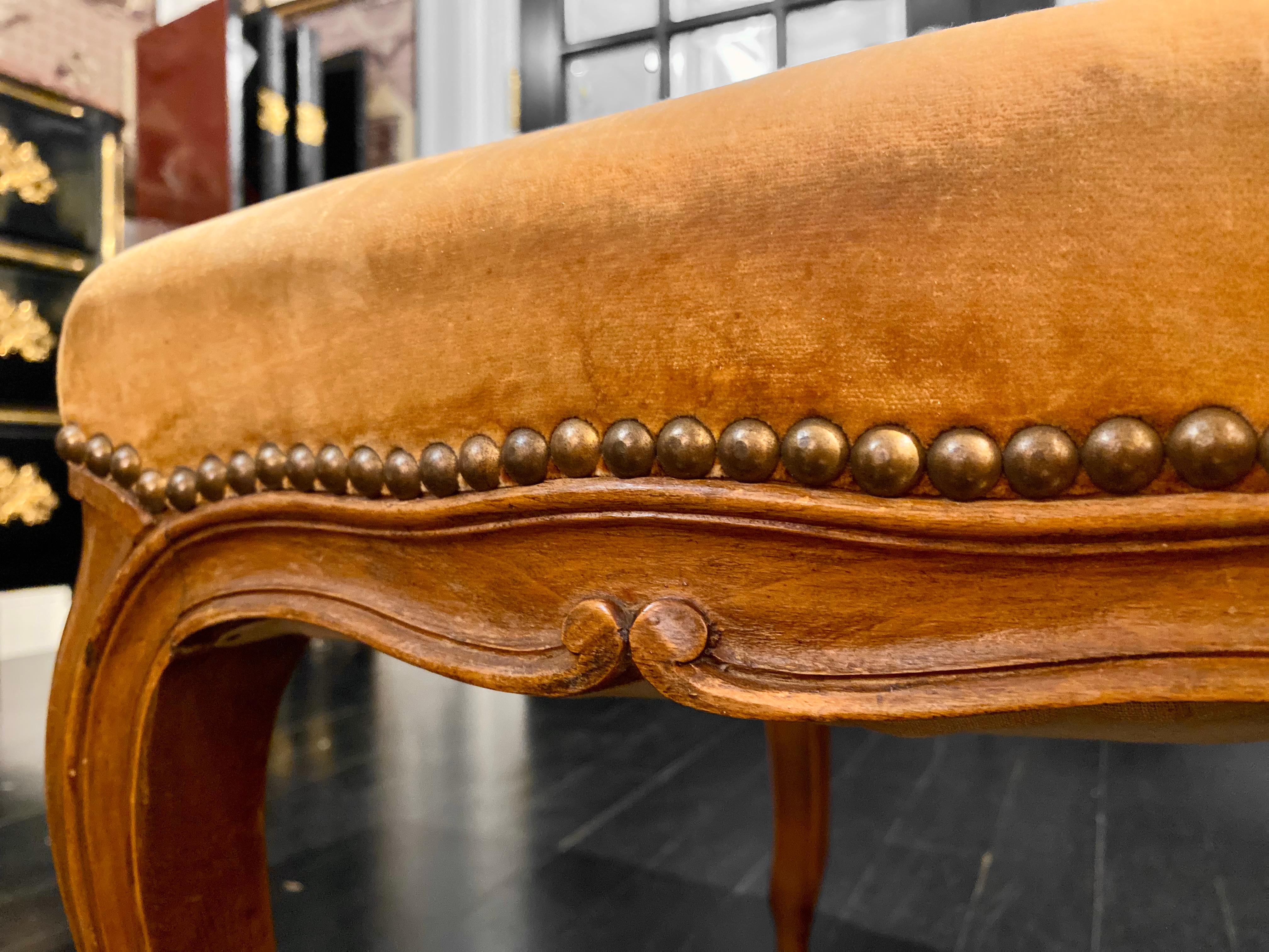 20th Century French Louis XV Style Bench or Footstool, Fawn, Caramel-Coloured Velvet