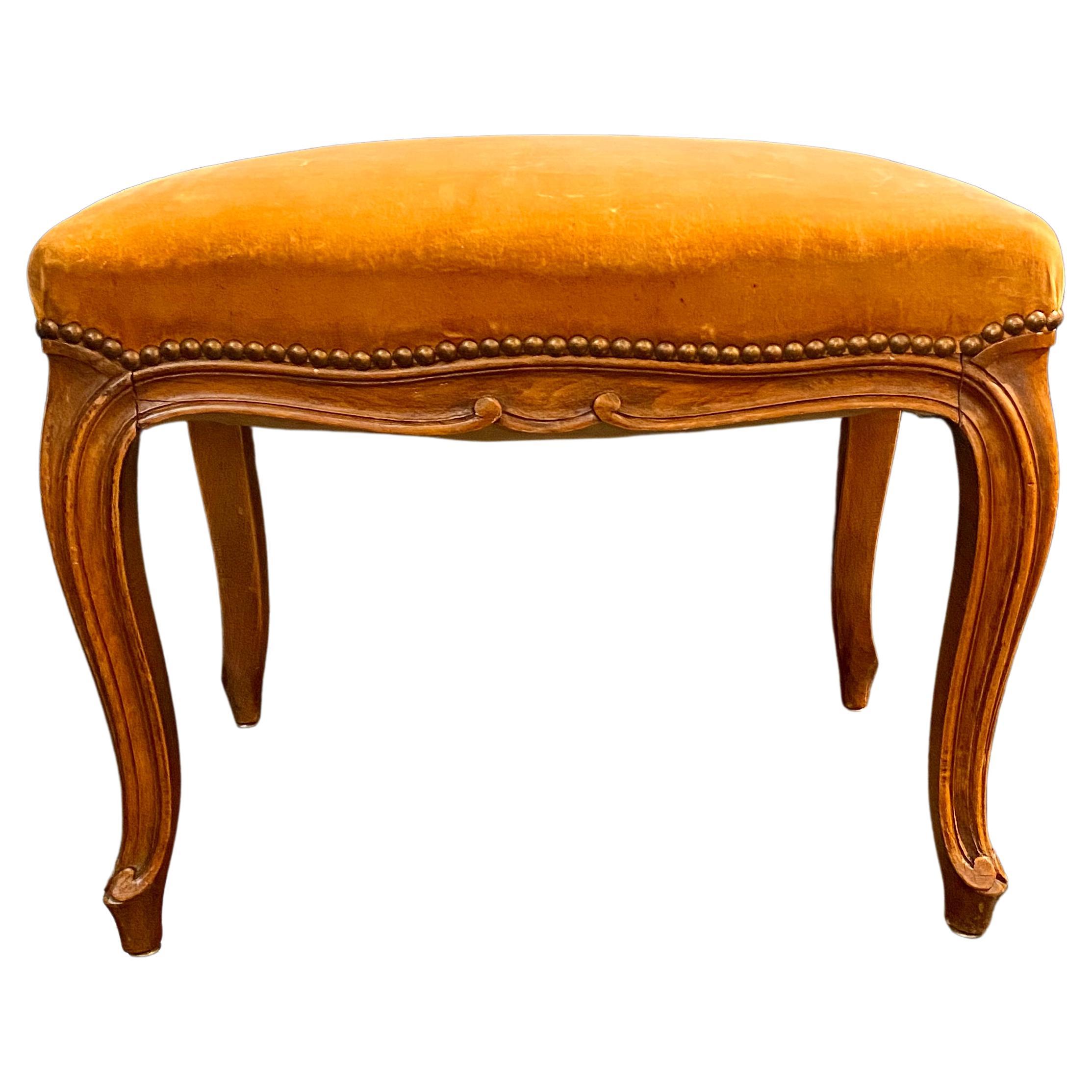 French Louis XV Style Bench or Footstool, Fawn, Caramel-Coloured Velvet