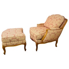 French Louis XV Style Bergere Armchair or Chair and Ottoman by Ethan Allen