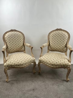 French Louis XV Style Bergère Armchair, Painted Frame, Floral Embroidery, a Pair