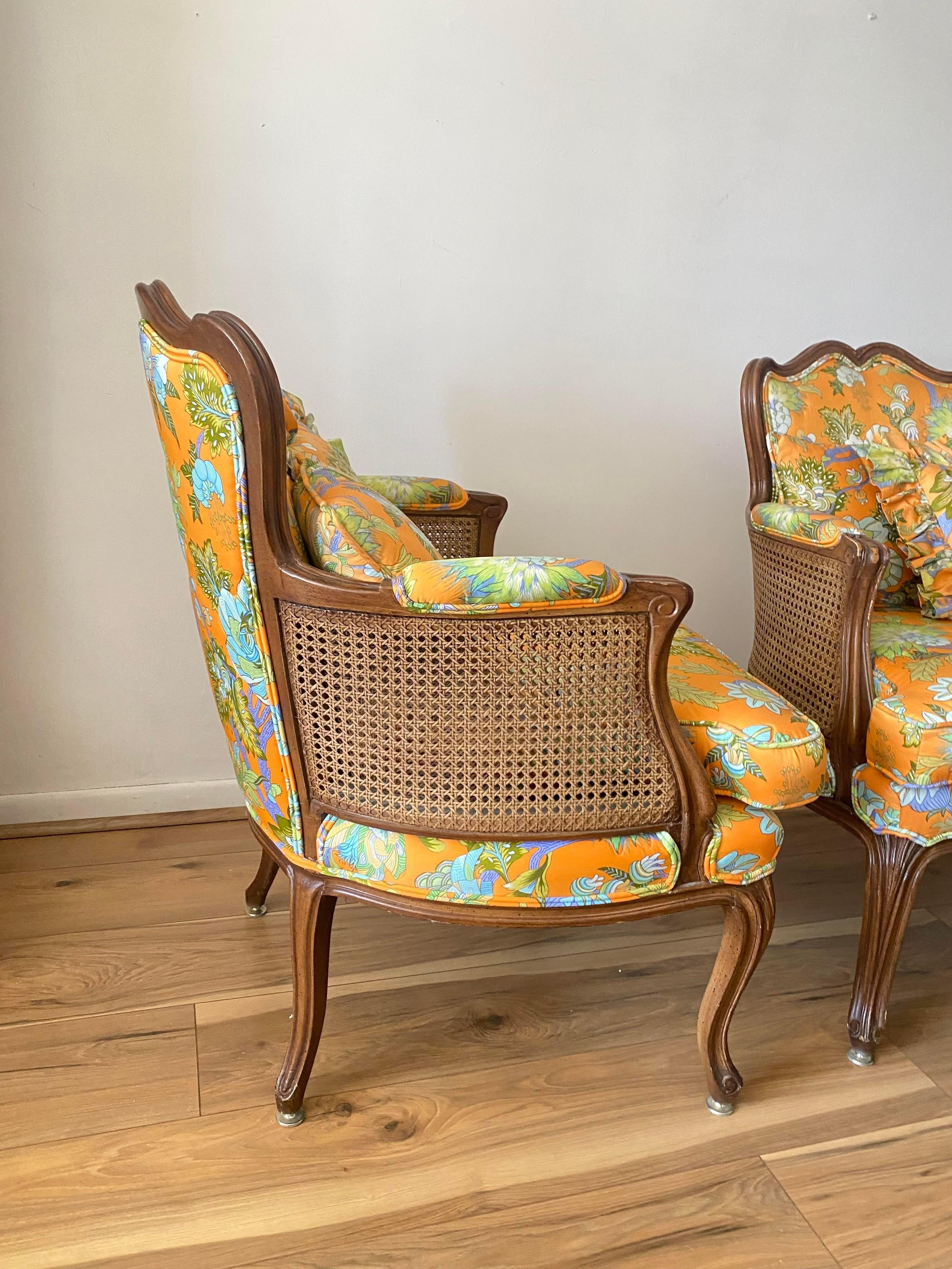 American French Louis XV Style Bergere Armchairs With Floral Upholstery
