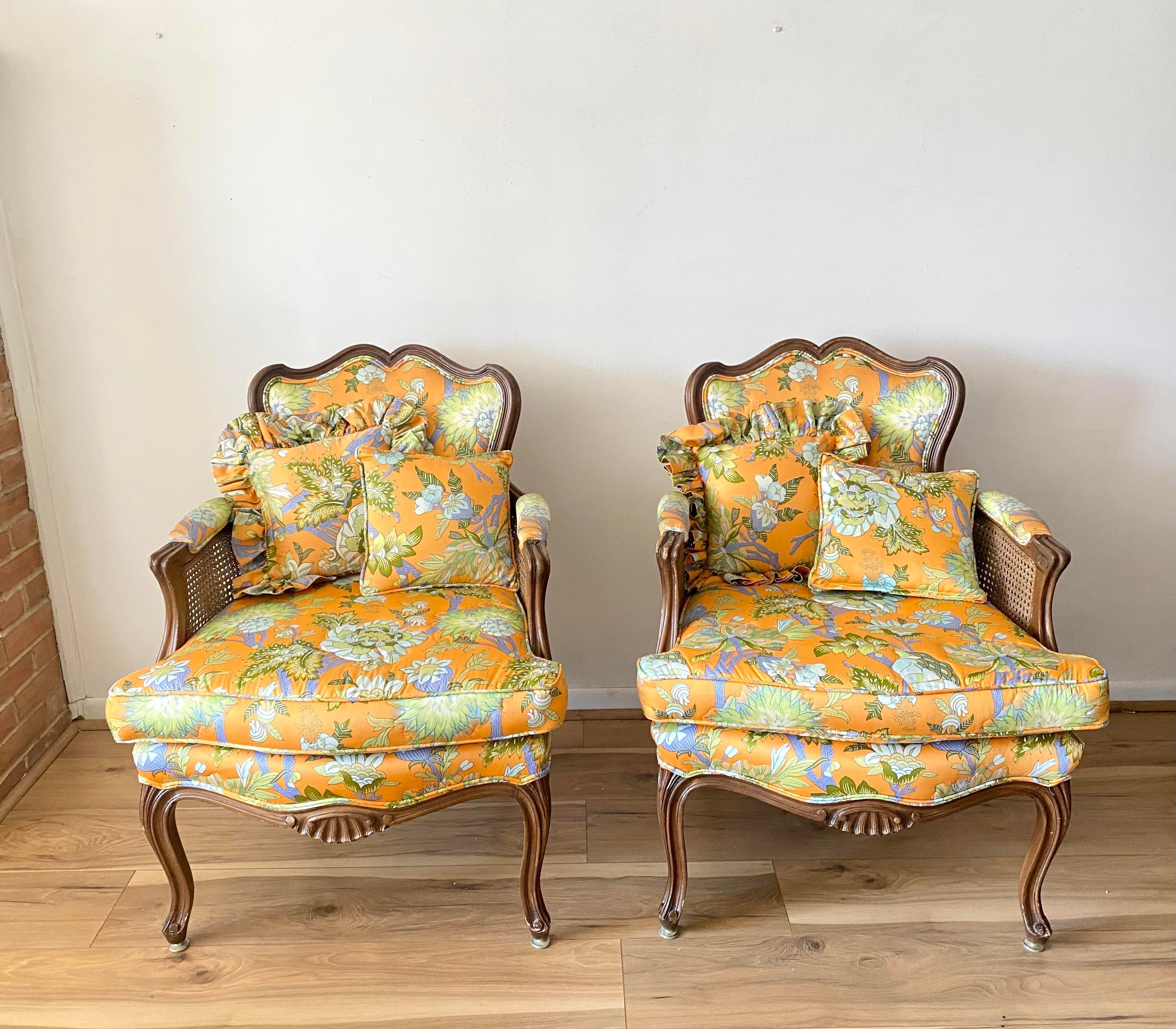 20th Century French Louis XV Style Bergere Armchairs With Floral Upholstery