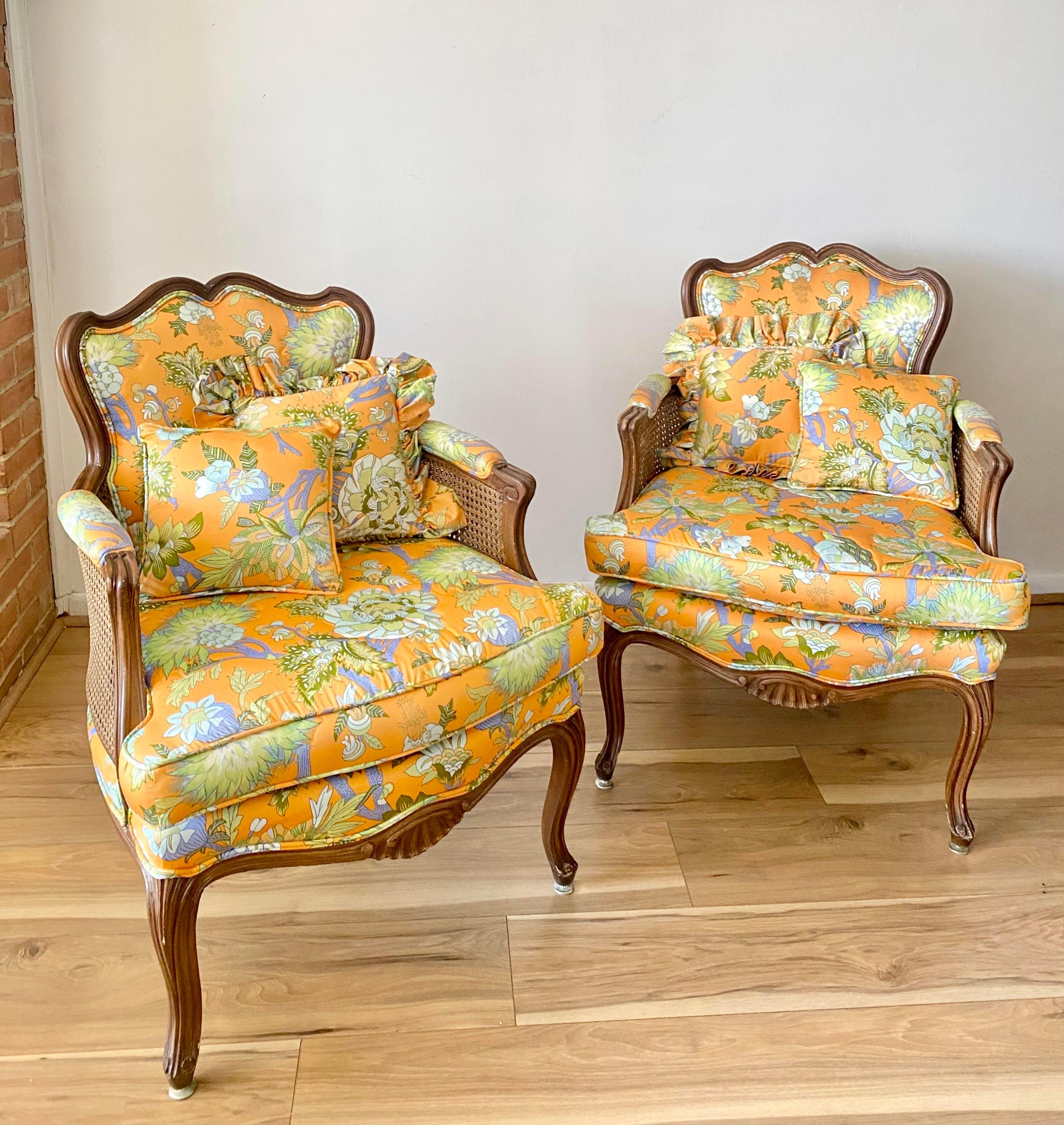 French Louis XV Style Bergere Armchairs With Floral Upholstery 4