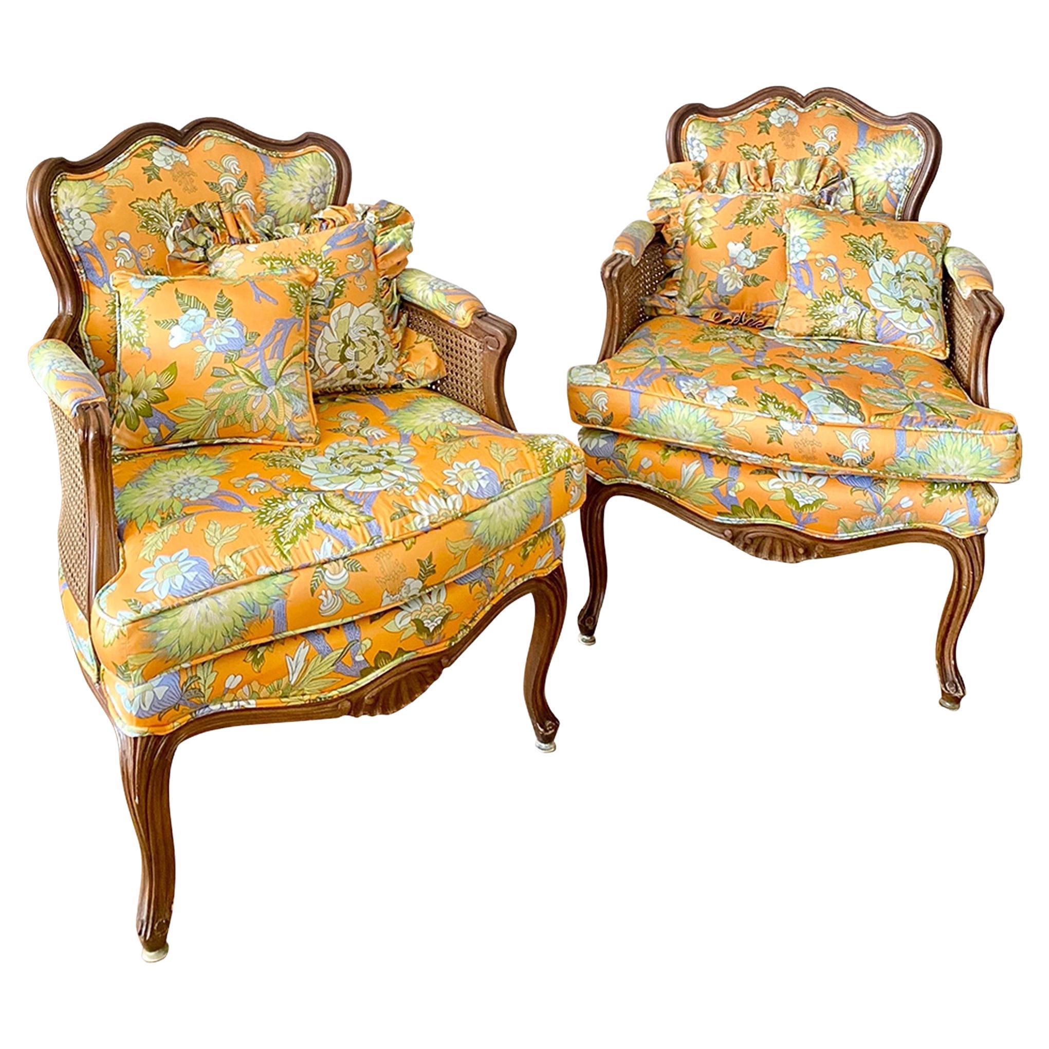 French Louis XV Style Bergere Armchairs With Floral Upholstery