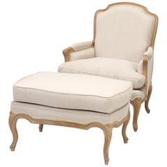 French Louis XV Style Bergère Chair and Ottoman in natural White Oak