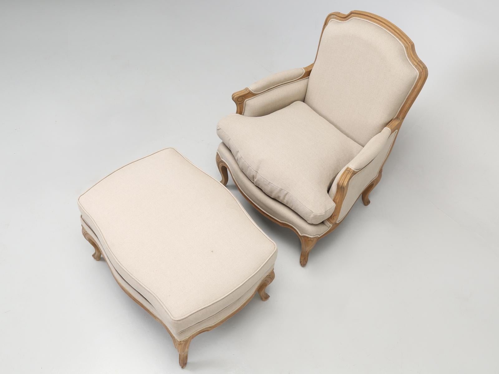 We purchased this French Louis XV style bergère chair, with matching ottoman, in northern England and we were told by the importer, that bergère chair and ottoman, were actually made from American white oak and left in its natural color. Great look
