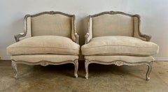 French Louis XV Style Bergeres W/ Belgium Linen Upholstery