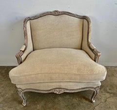 French Louis XV Style Bergeres W/ Belgium Linen Upholstery