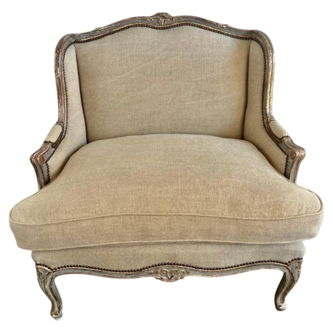 French Louis XV Style Bergeres W/ Belgium Linen Upholstery