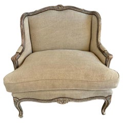 French Louis XV Style Bergeres W/ Belgium Linen Upholstery
