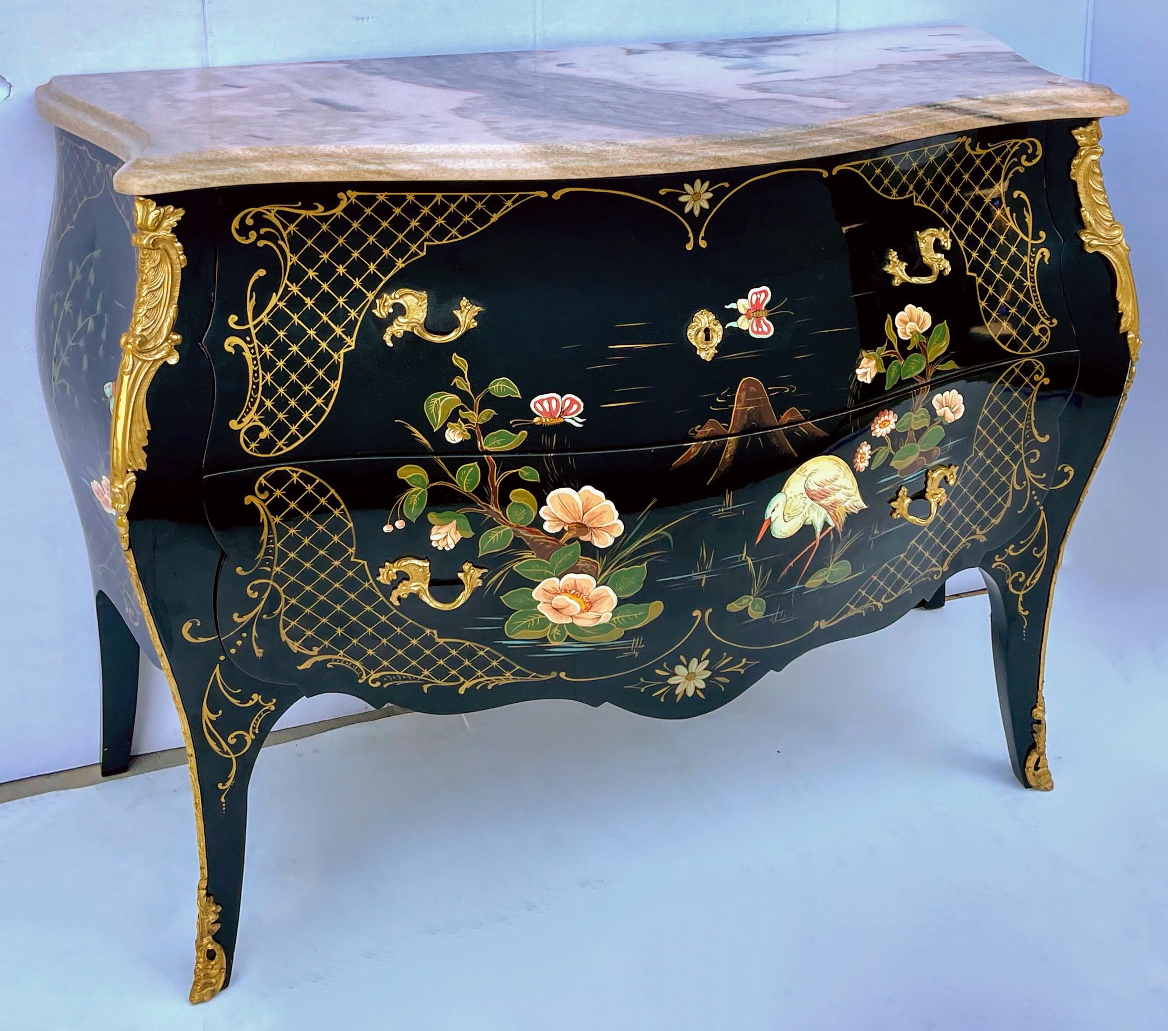 French Louis XV Style Black Lacquer & Pink Marble Commode / Chest Bird Motif In Good Condition In Kennesaw, GA