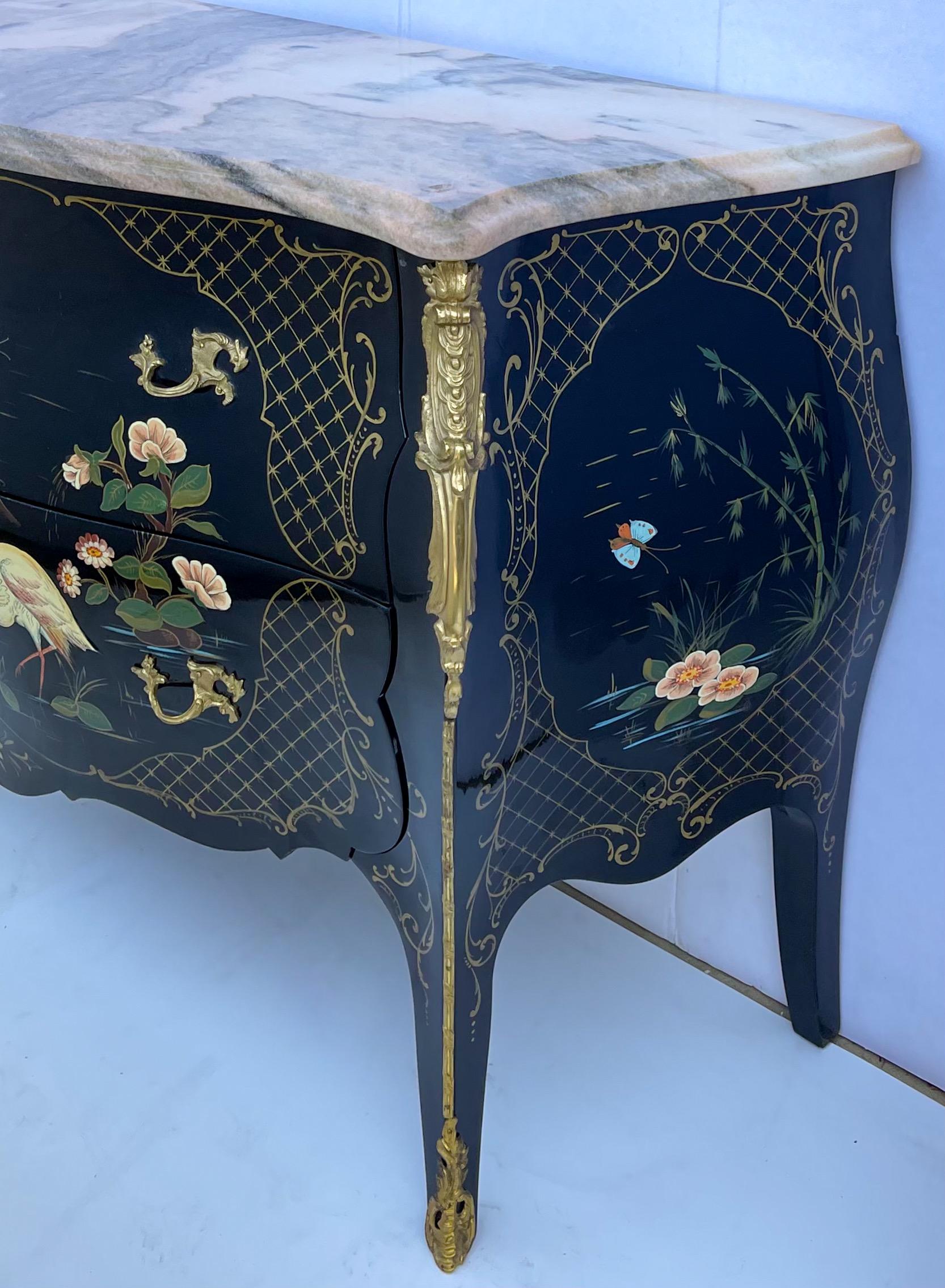 20th Century French Louis XV Style Black Lacquer & Pink Marble Commode / Chest Bird Motif