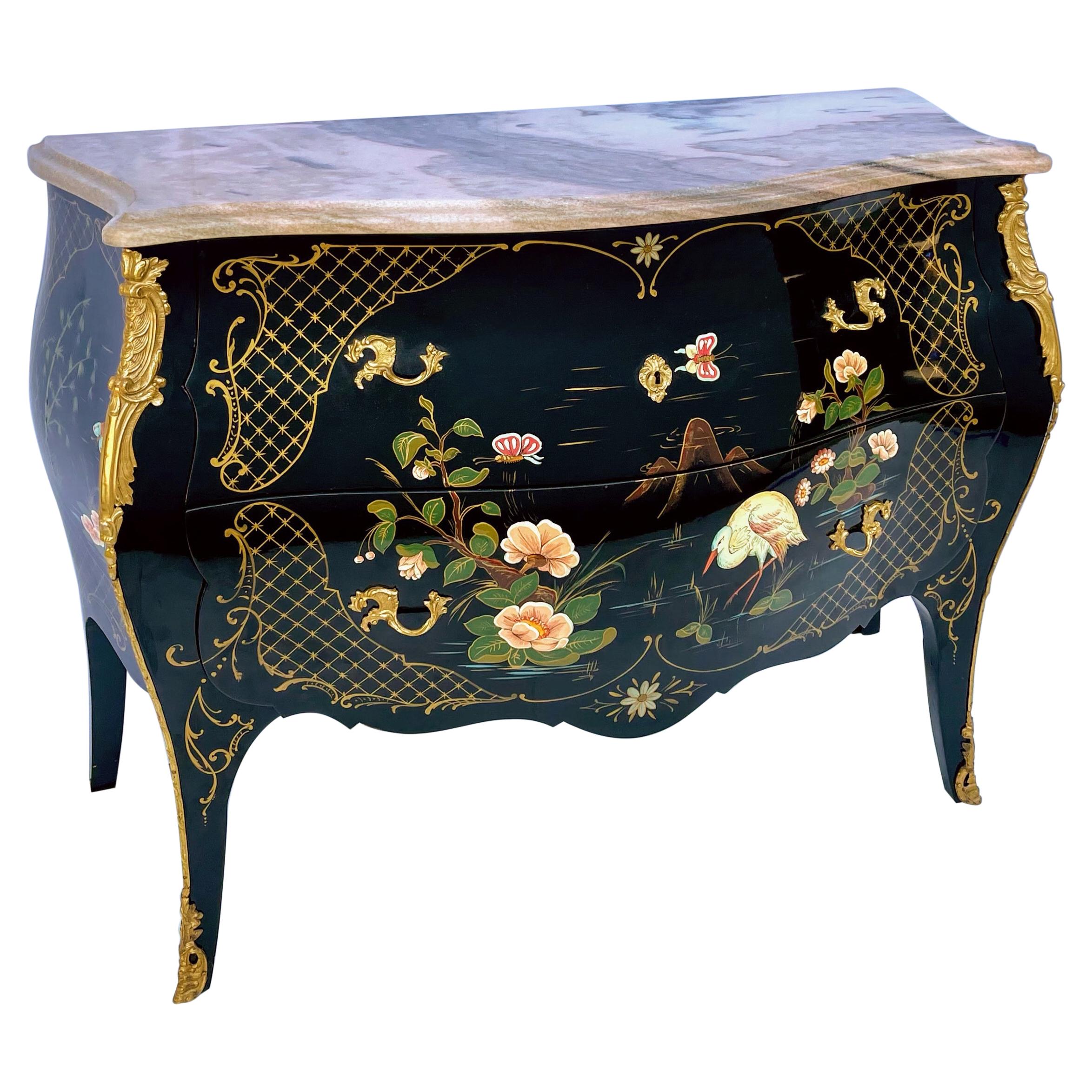 French Louis XV Style Black Lacquer & Pink Marble Commode / Chest Bird Motif