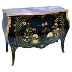 French Louis XV Style Black Lacquer & Pink Marble Commode / Chest Bird Motif