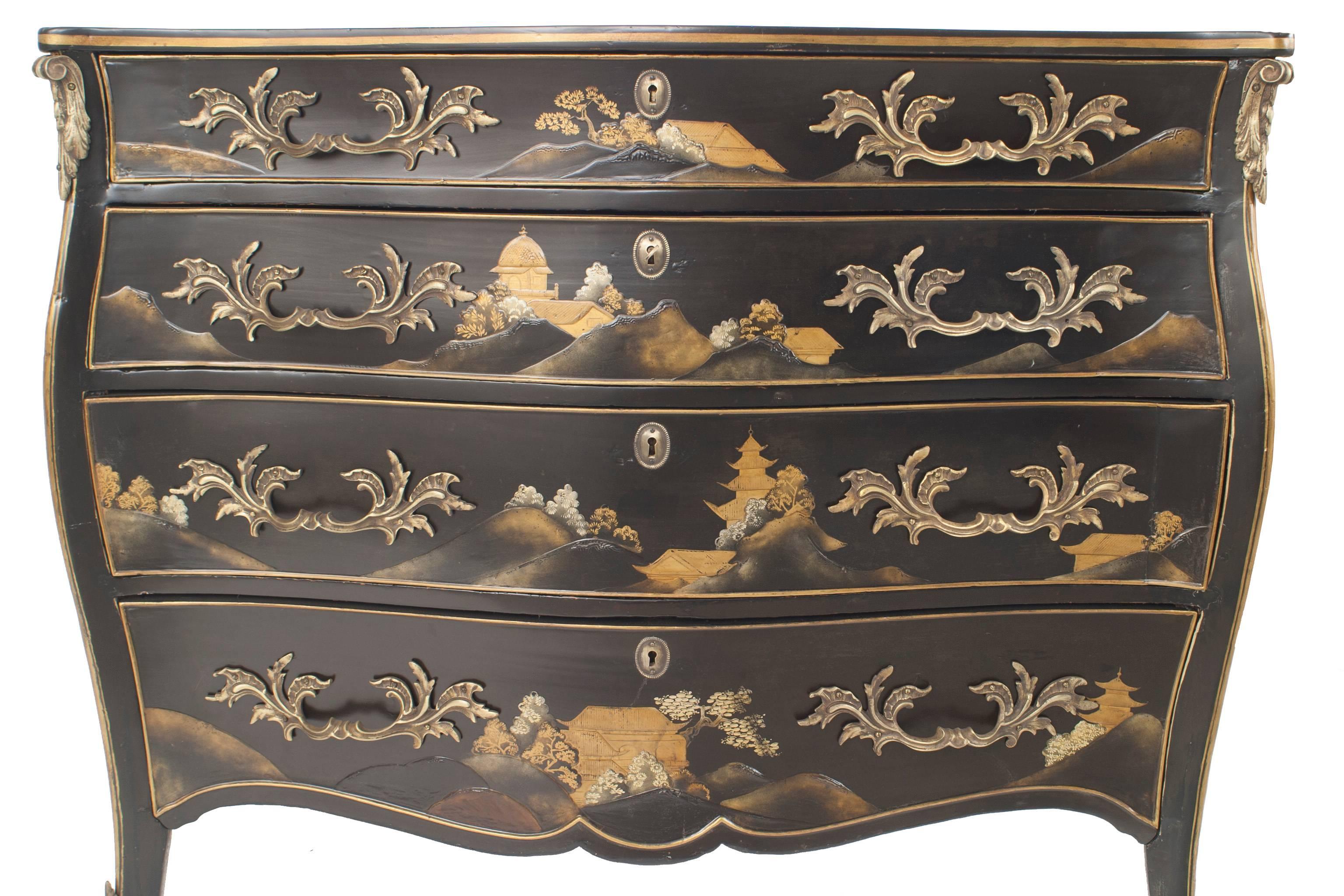 French Louis XV style (20th Century) black lacquered Chinoiserie decorated commode with a bombe shape and 4 drawers with bronze trim.
