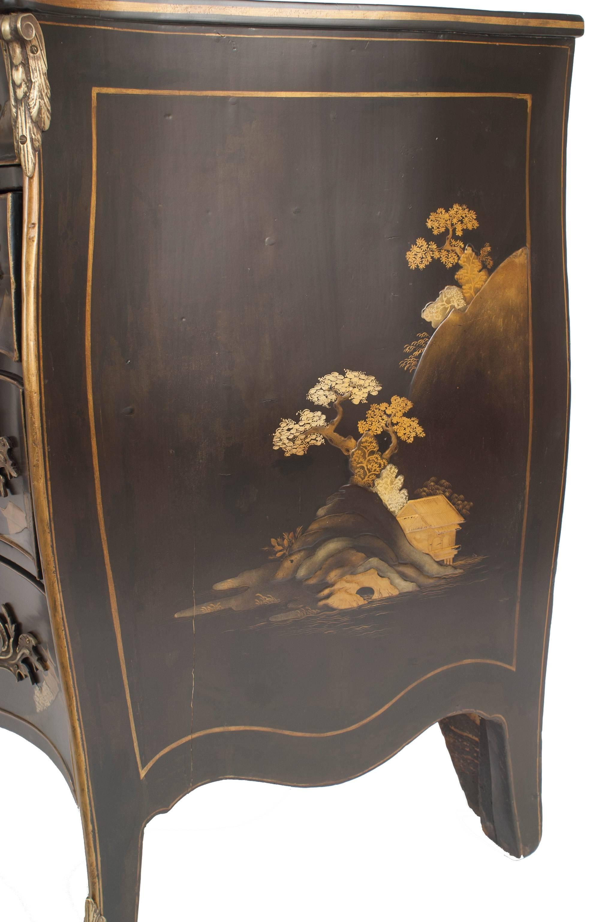 French Louis XV Style Black Chinoiserie Commode In Good Condition For Sale In New York, NY