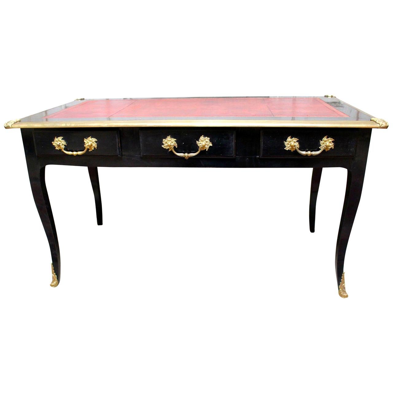 French Louis XV Style Black Lacquered Desk with Red Tooled Leather Top