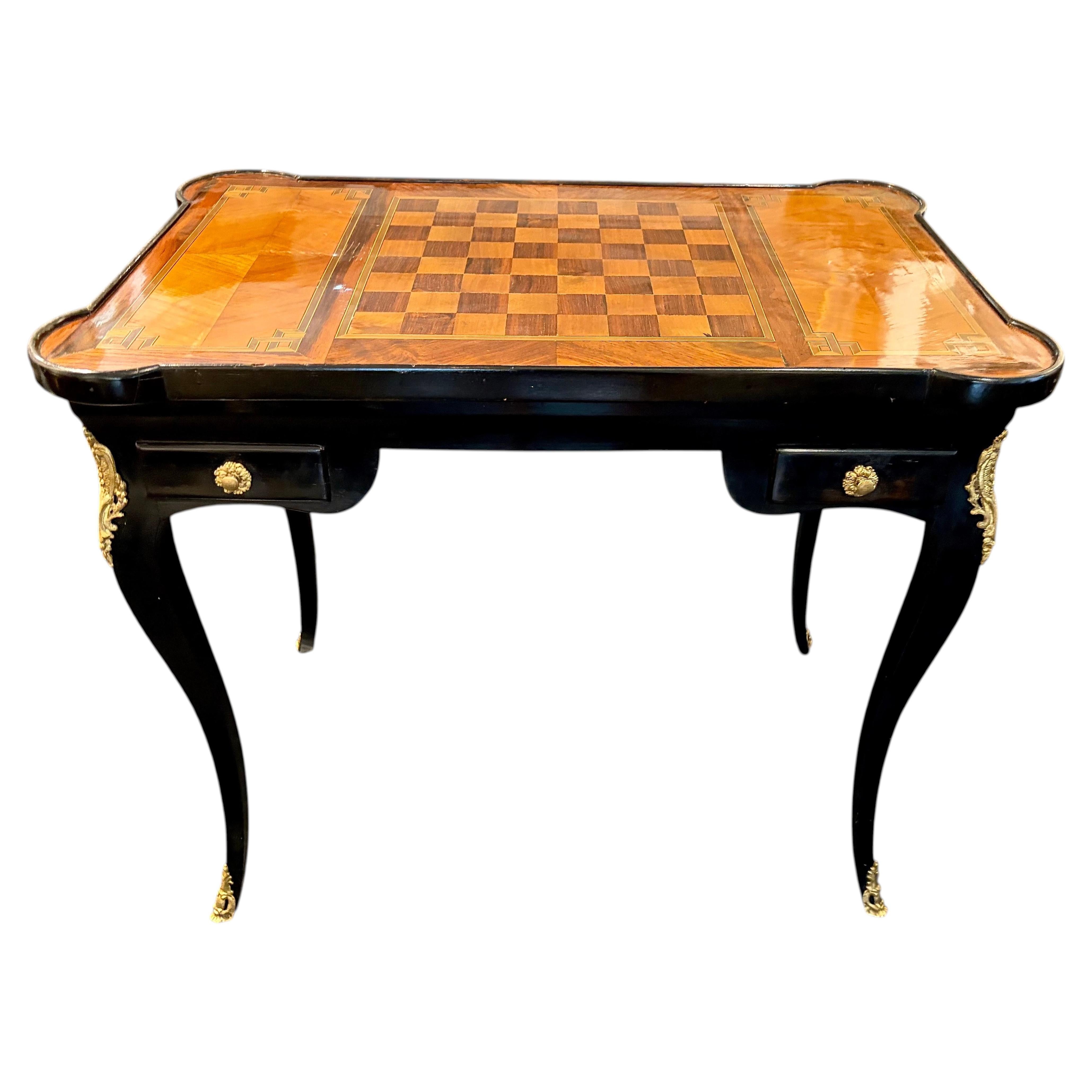 French Louis XV Style Black Lacquered Game Table with Double-Sided Marquetry Top