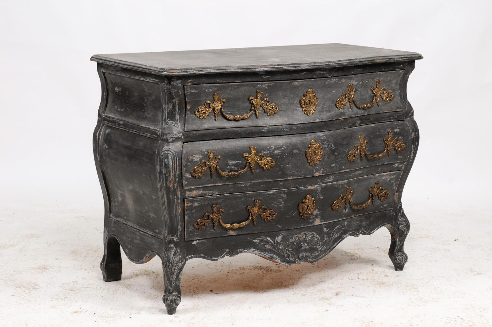 Carved French Louis XV Style Black Painted Bombé Commode from the Late 1800s