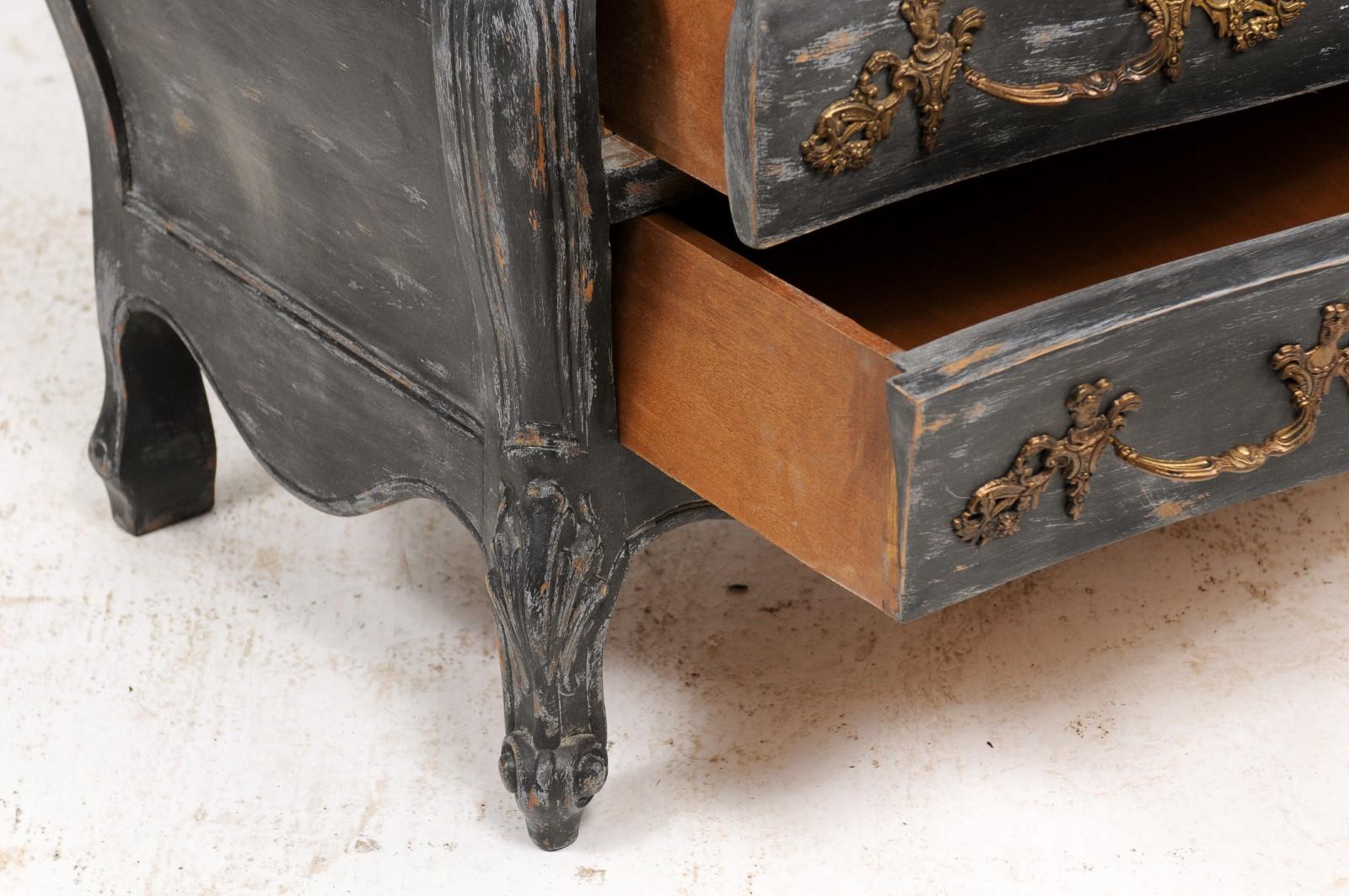 Wood French Louis XV Style Black Painted Bombé Commode from the Late 1800s