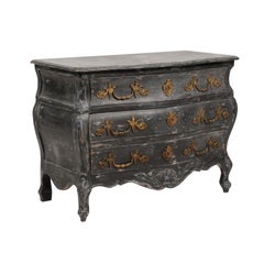 French Louis XV Style Black Painted Bombé Commode from the Late 1800s