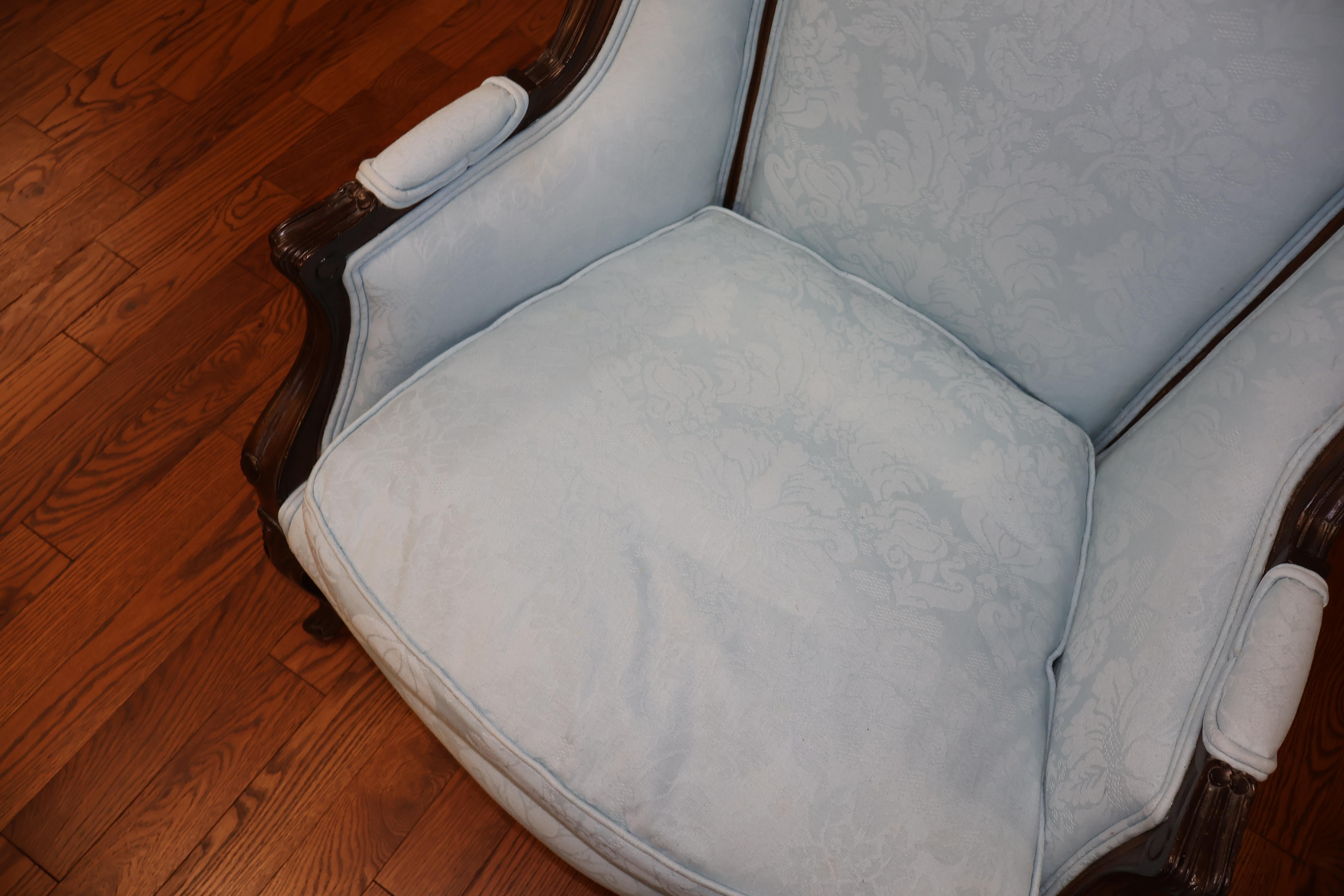 French Louis XV Style Blue Damask Fabric Hooded Porters Chair For Sale 6