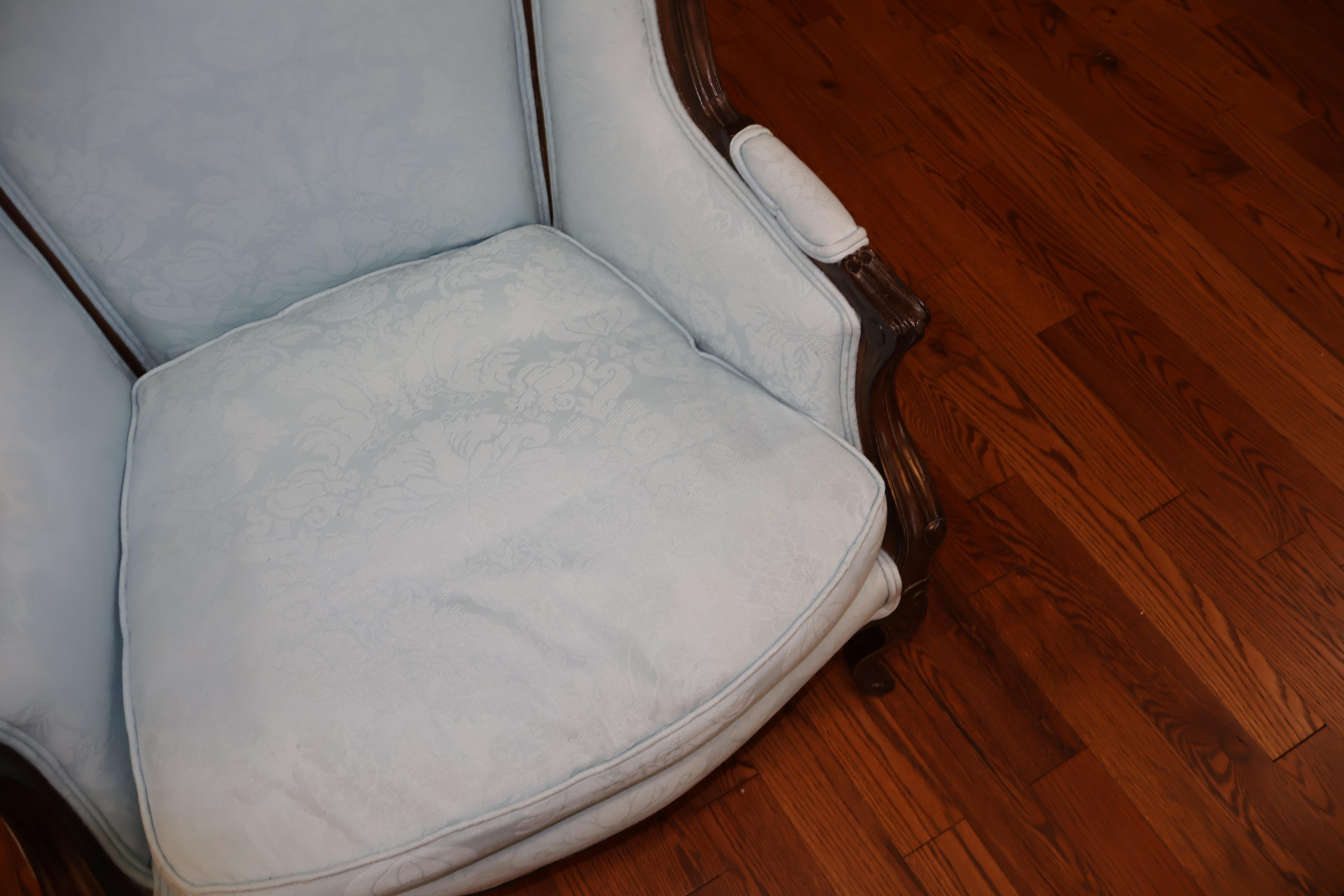 French Louis XV Style Blue Damask Fabric Hooded Porters Chair For Sale 7