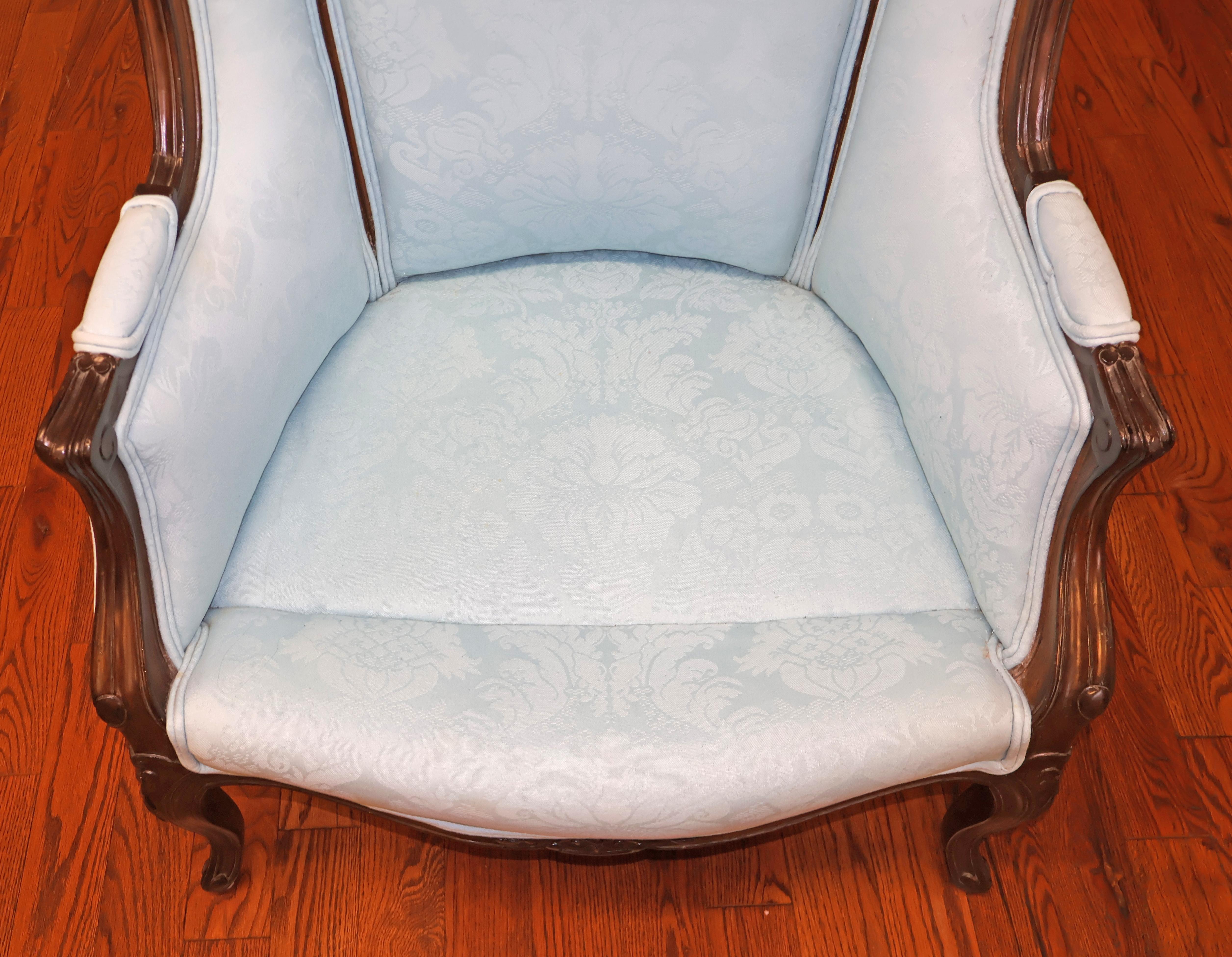 French Louis XV Style Blue Damask Fabric Hooded Porters Chair For Sale 8