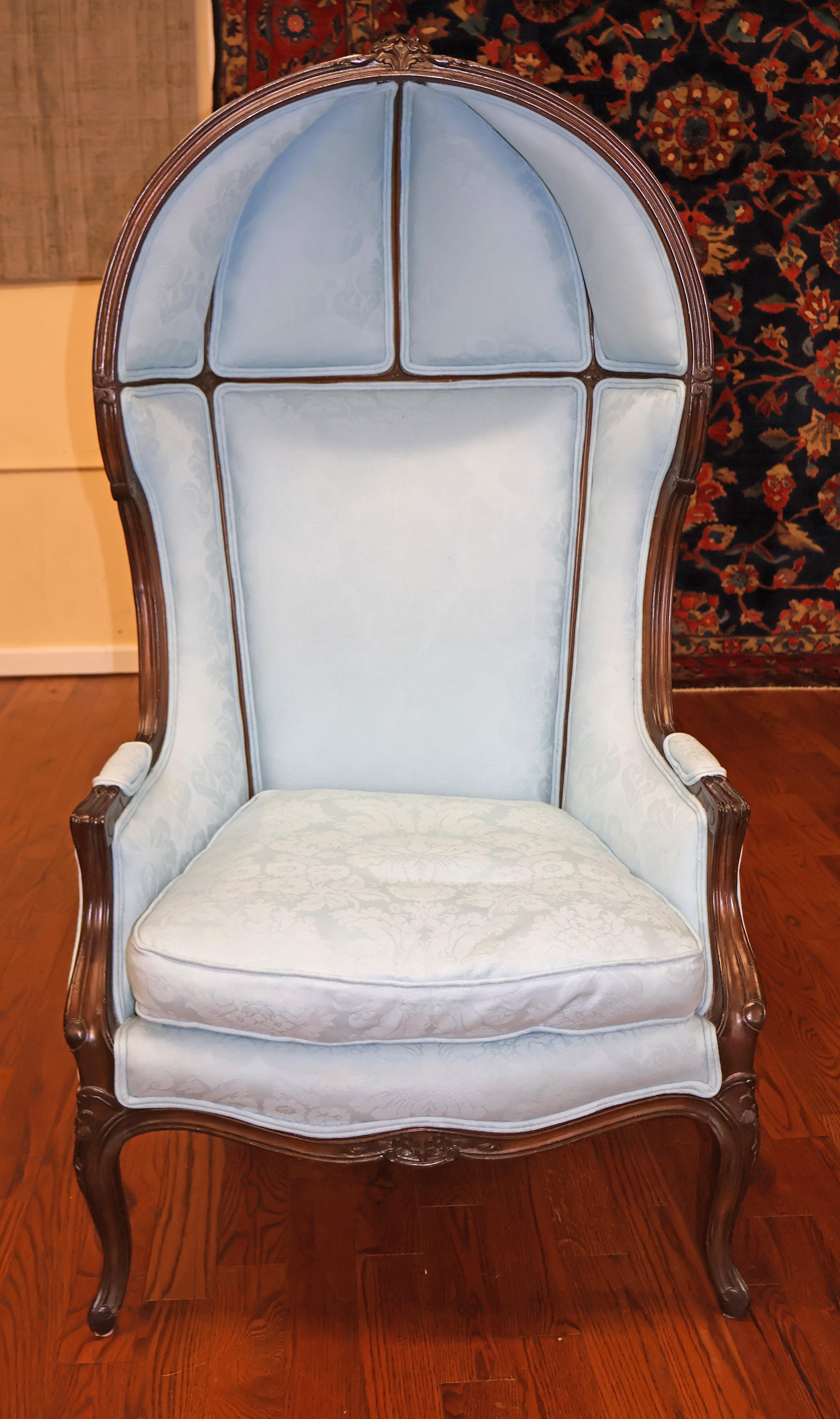 French Louis XV Style Blue Damask Fabric Hooded Porters Chair For Sale 9