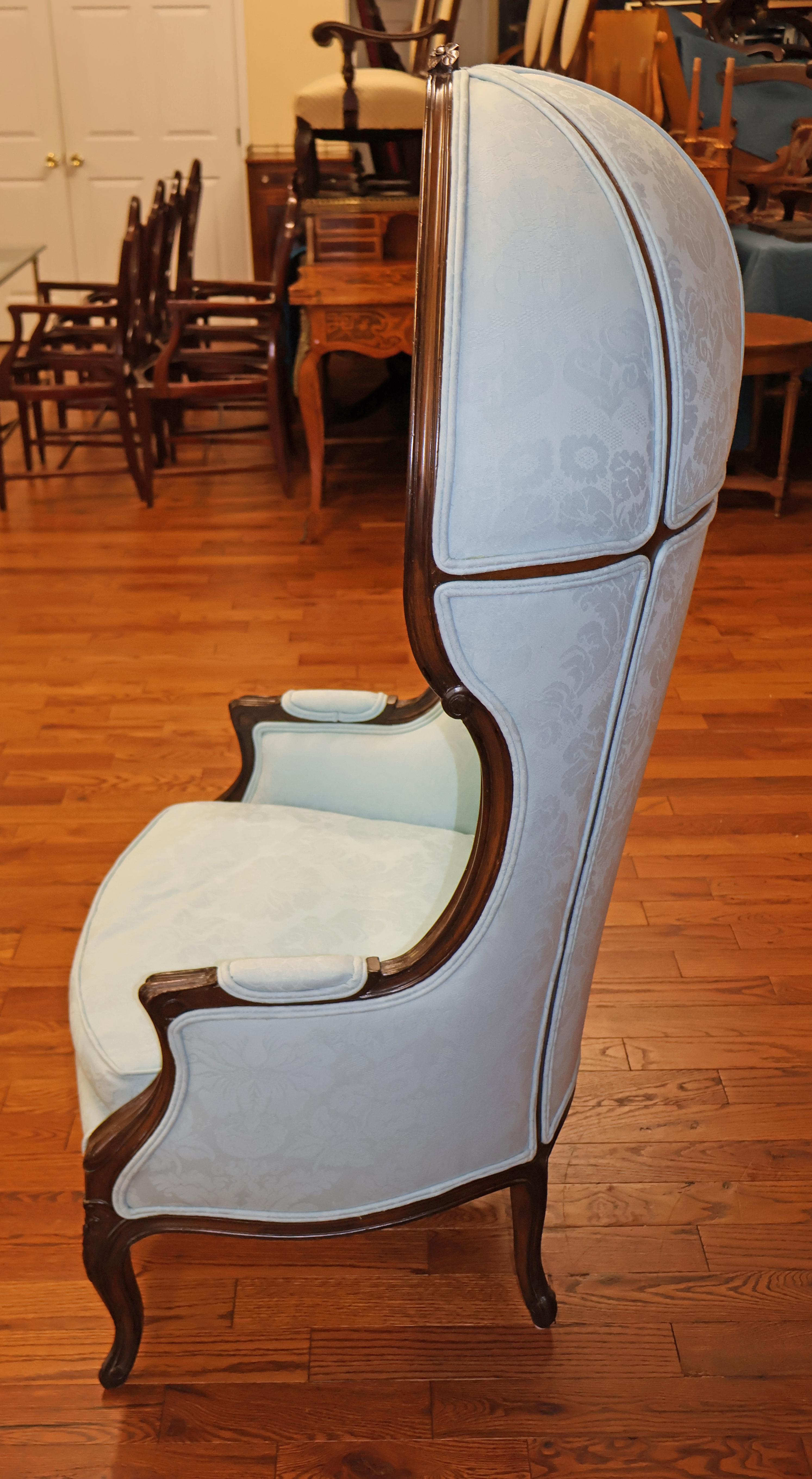 French Louis XV Style Blue Damask Fabric Hooded Porters Chair For Sale 1